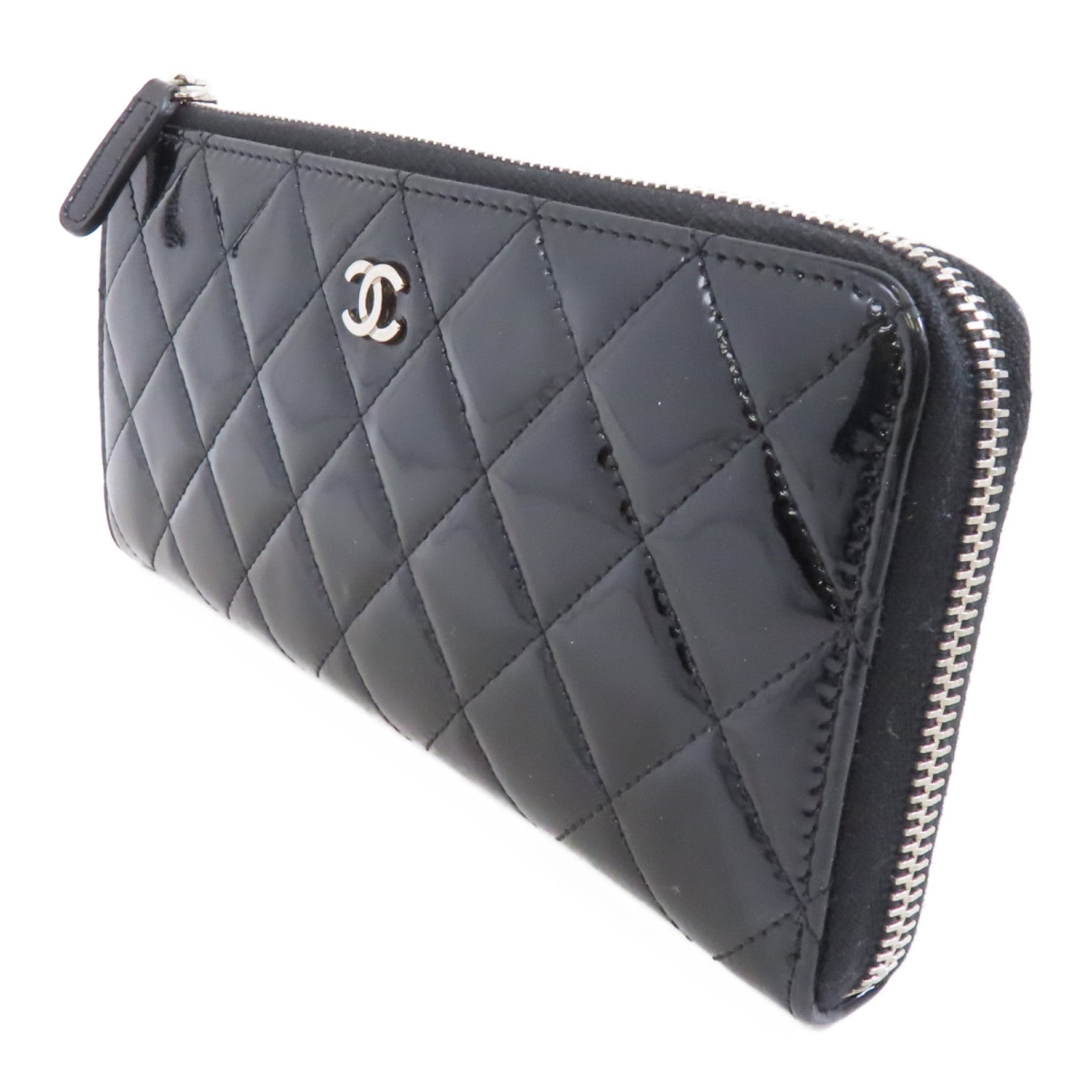 CHANEL 菱格漆皮皮革Wallet銀扣長錢包黑色