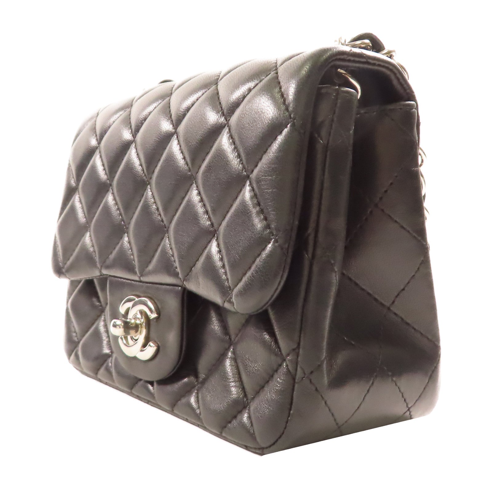 CHANEL 羊皮皮革Mini Classic 17銀扣肩背袋黑色