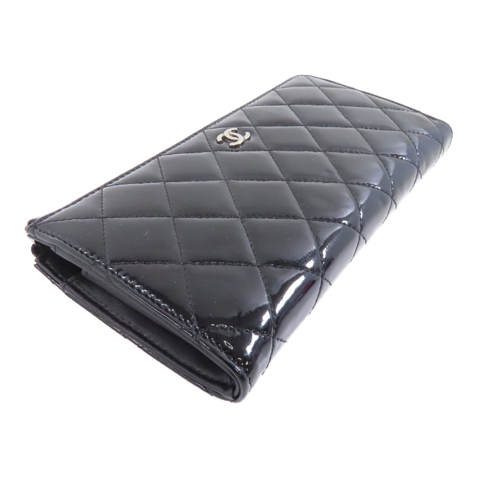 CHANEL 菱格漆皮皮革Wallet銀扣長錢包黑色