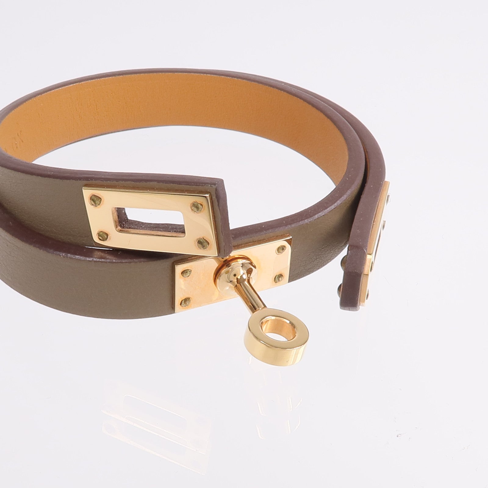 HERMES Swift皮革Kelly Double Tour Bracelet金扣手鏈Etain