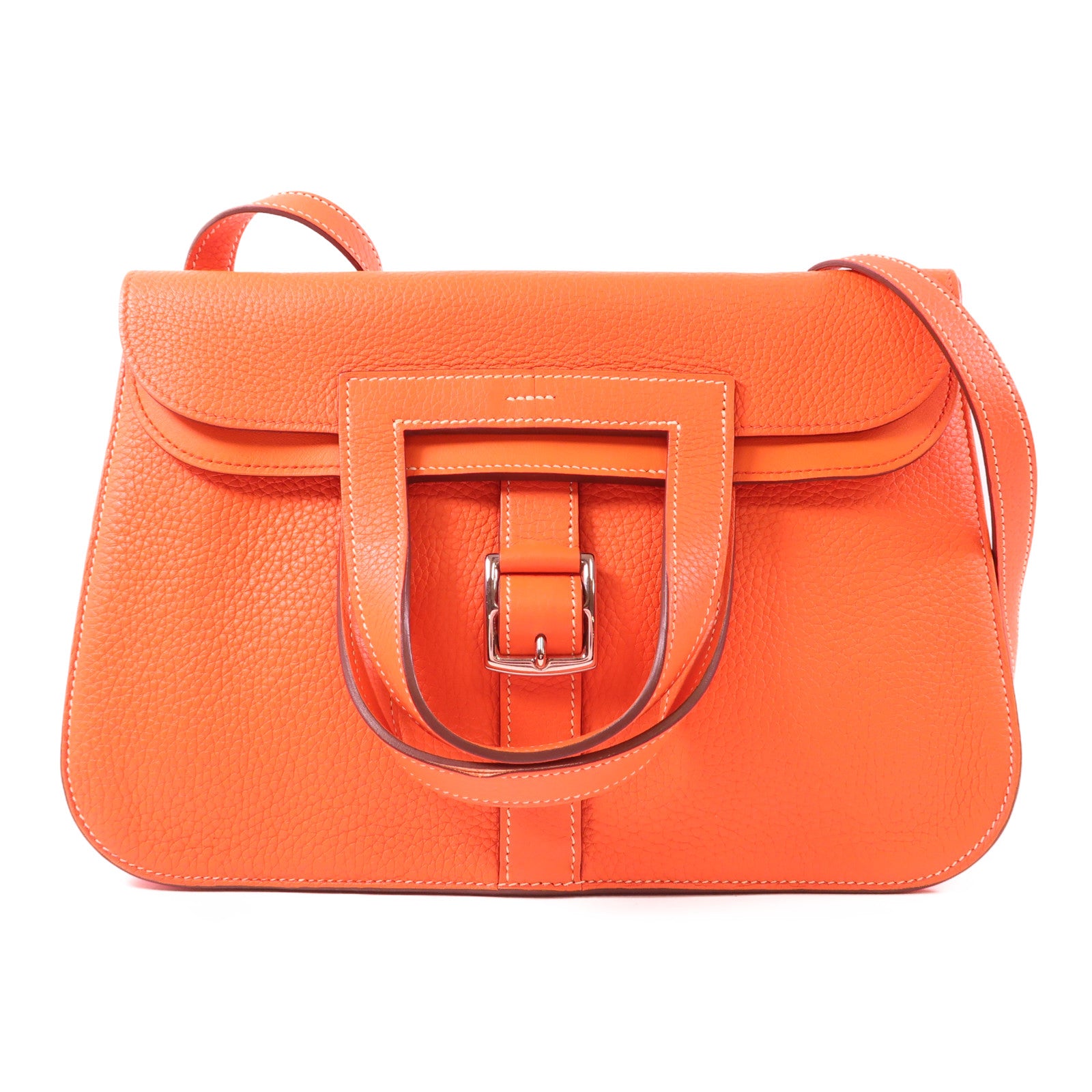 HERMES Clemence皮革Halzan 31銀扣手挽肩背兩用袋Orange Poppy