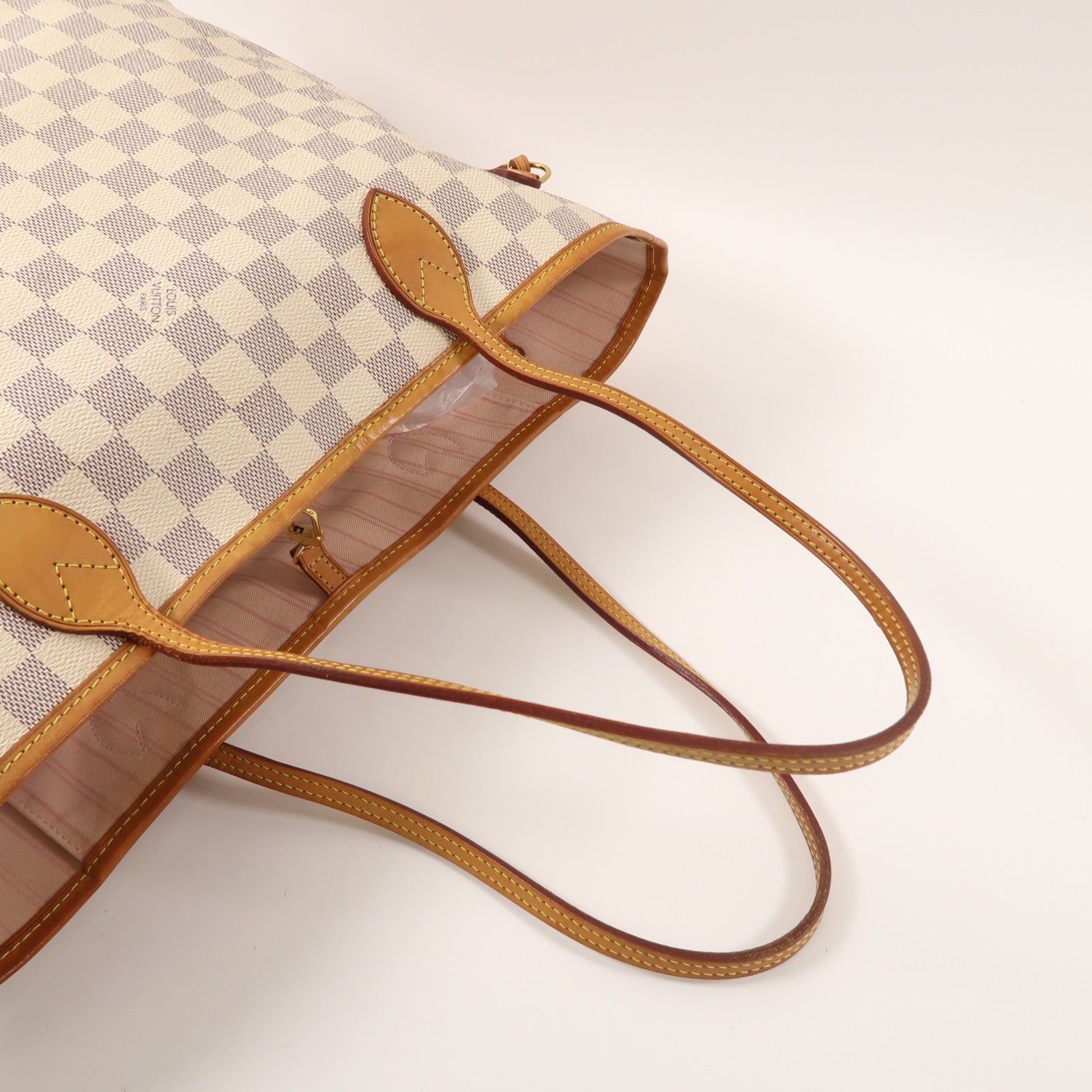 LOUIS VUITTON Damier Azur Neverfull MM金扣手挽袋白色