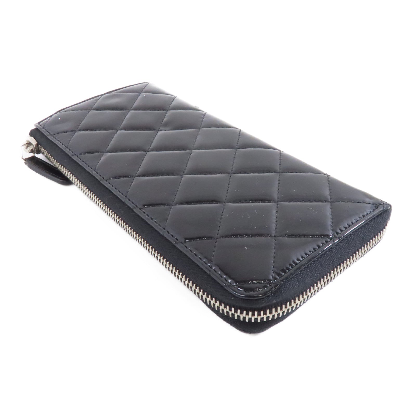 CHANEL 菱格漆皮皮革Wallet銀扣長錢包黑色