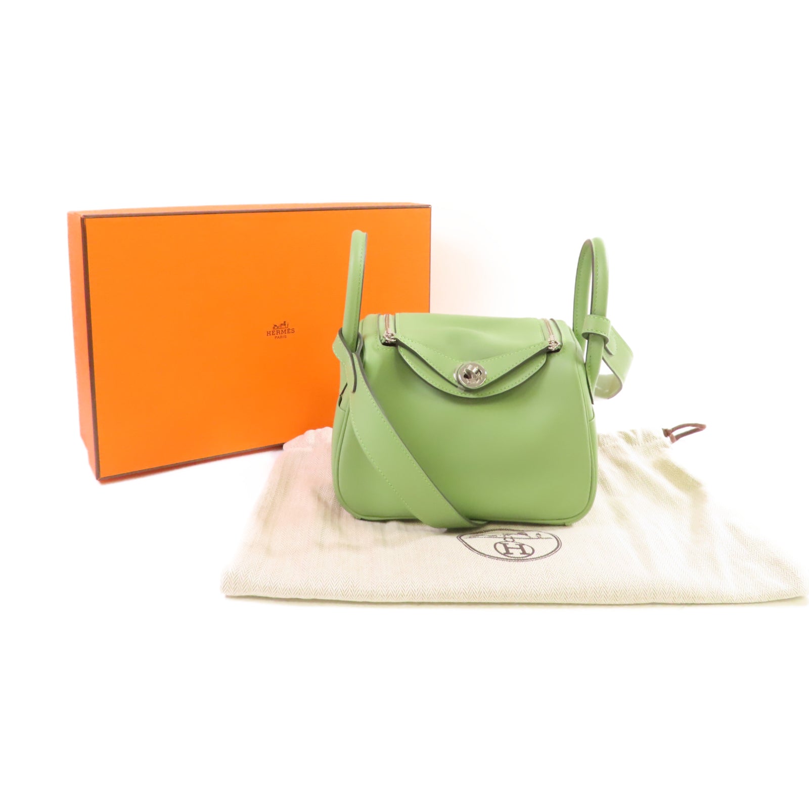 HERMES Swift皮革Mini Lindy Shoulder Bag銀扣肩背袋Vert Criquet牛油果綠色