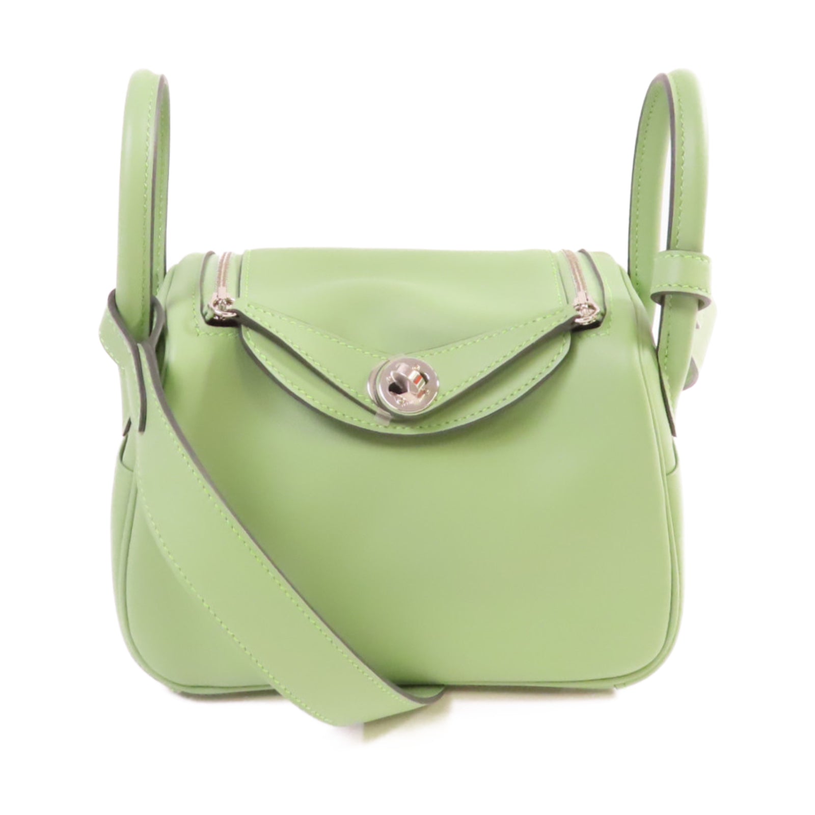HERMES Swift皮革Mini Lindy Shoulder Bag銀扣肩背袋Vert Criquet牛油果綠色