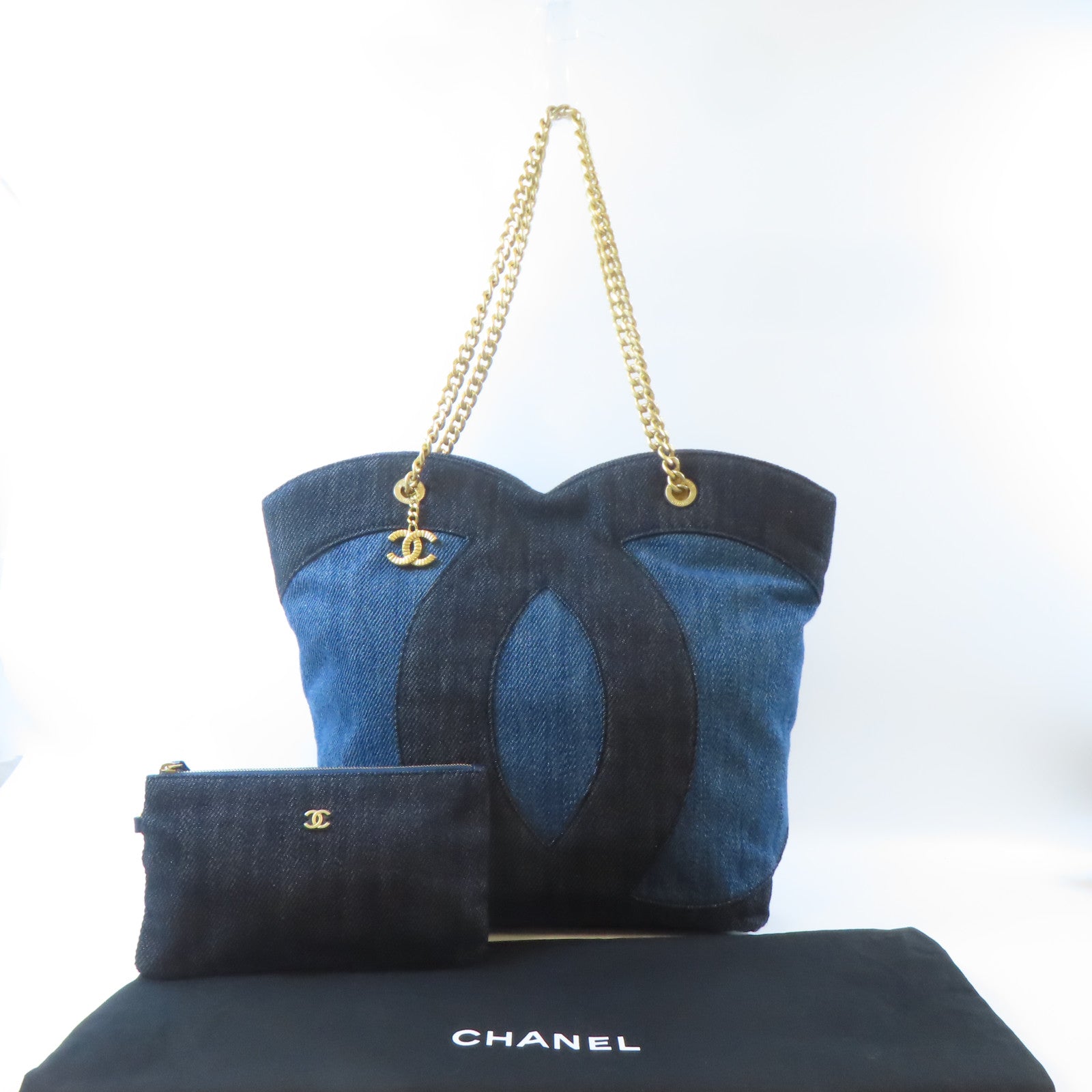 CHANEL 牛仔布 Shoulder Tote Bag金扣肩背袋/手挽袋藍色