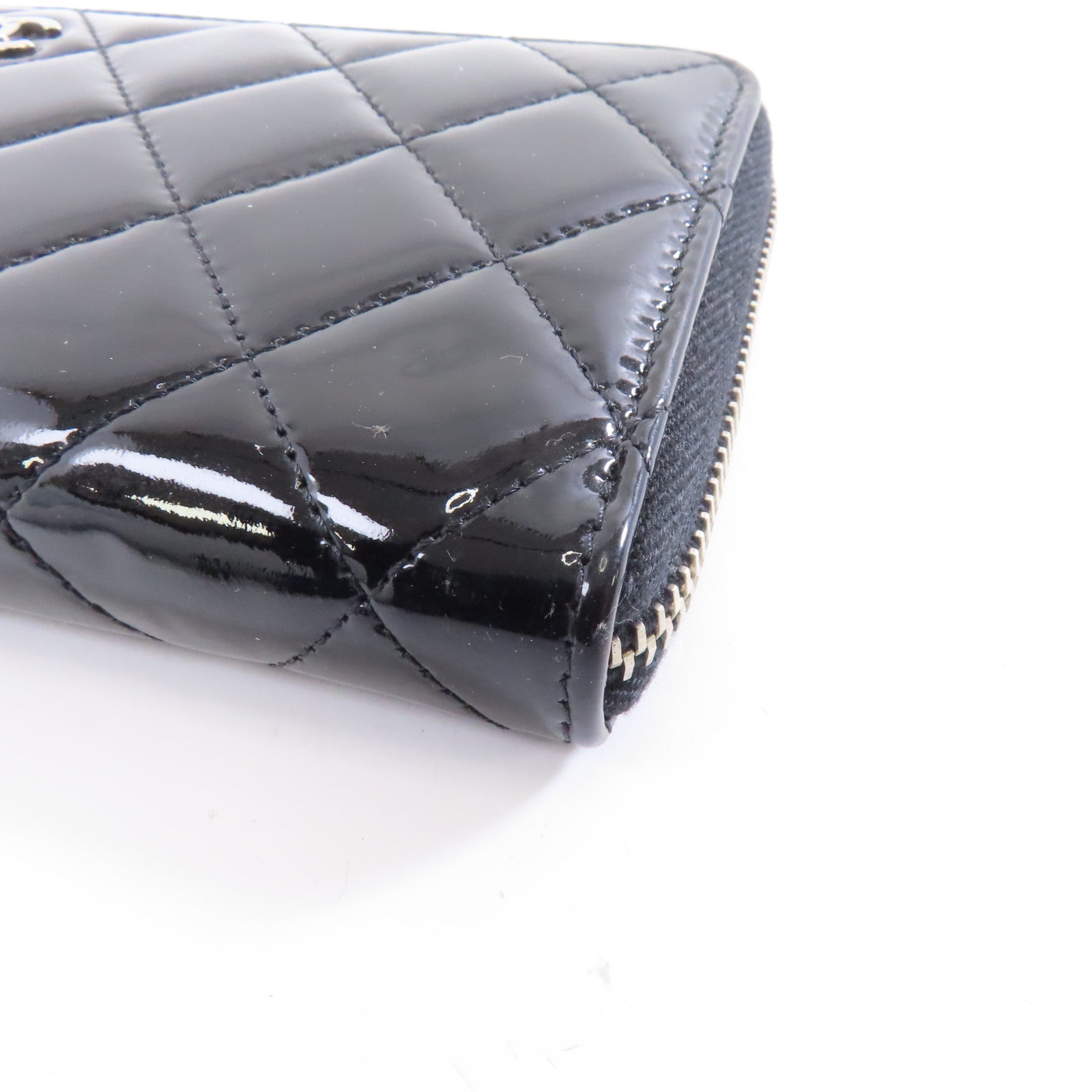 CHANEL 菱格漆皮皮革Wallet銀扣長錢包黑色