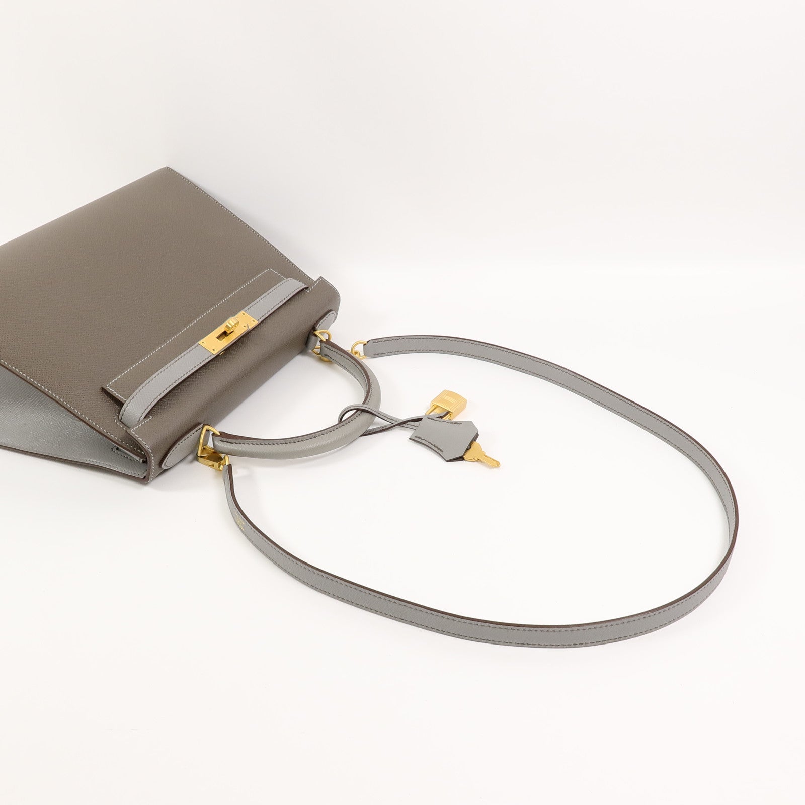 HERMES Epsom皮革Kelly 28 SPO手挽肩背兩用袋Etoupe/Gris Mouette