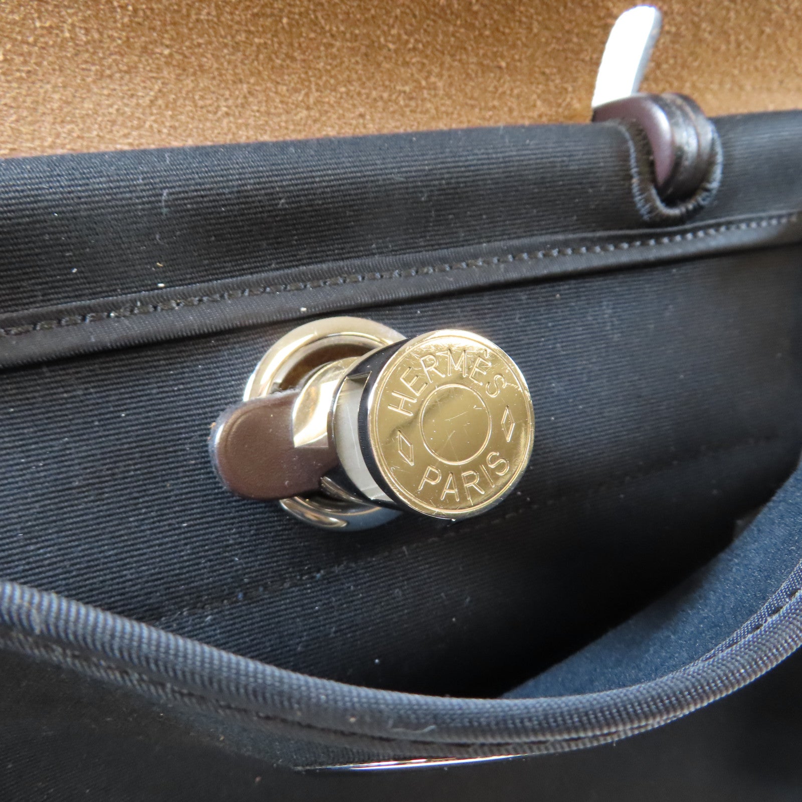 HERMES 【激減優惠】帆布/皮革Herbag PM銀扣手挽肩背兩用袋啡色/黑色