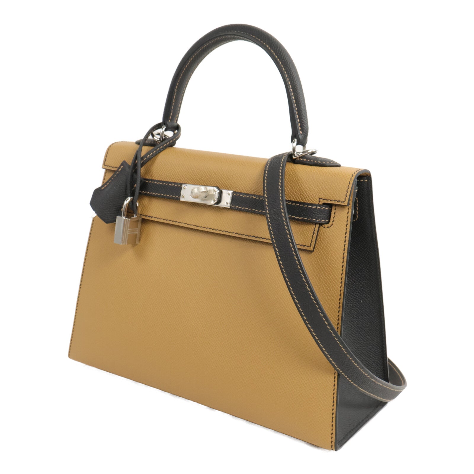HERMES Epsom皮革Kelly Sellier 25手挽袋Noir/Biscuit