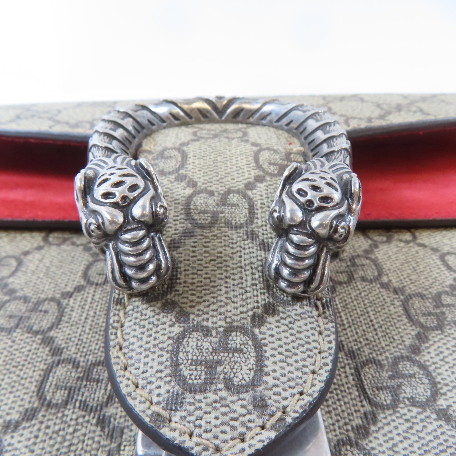 GUCCI 塗層帆布Dionysus GG銀扣鏈帶肩背袋啡色/紅色