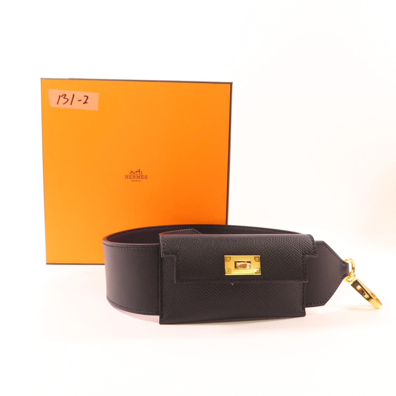 HERMES Swift皮革/Epsom皮革Kelly Pocket Bag Strap金扣肩帶Noir