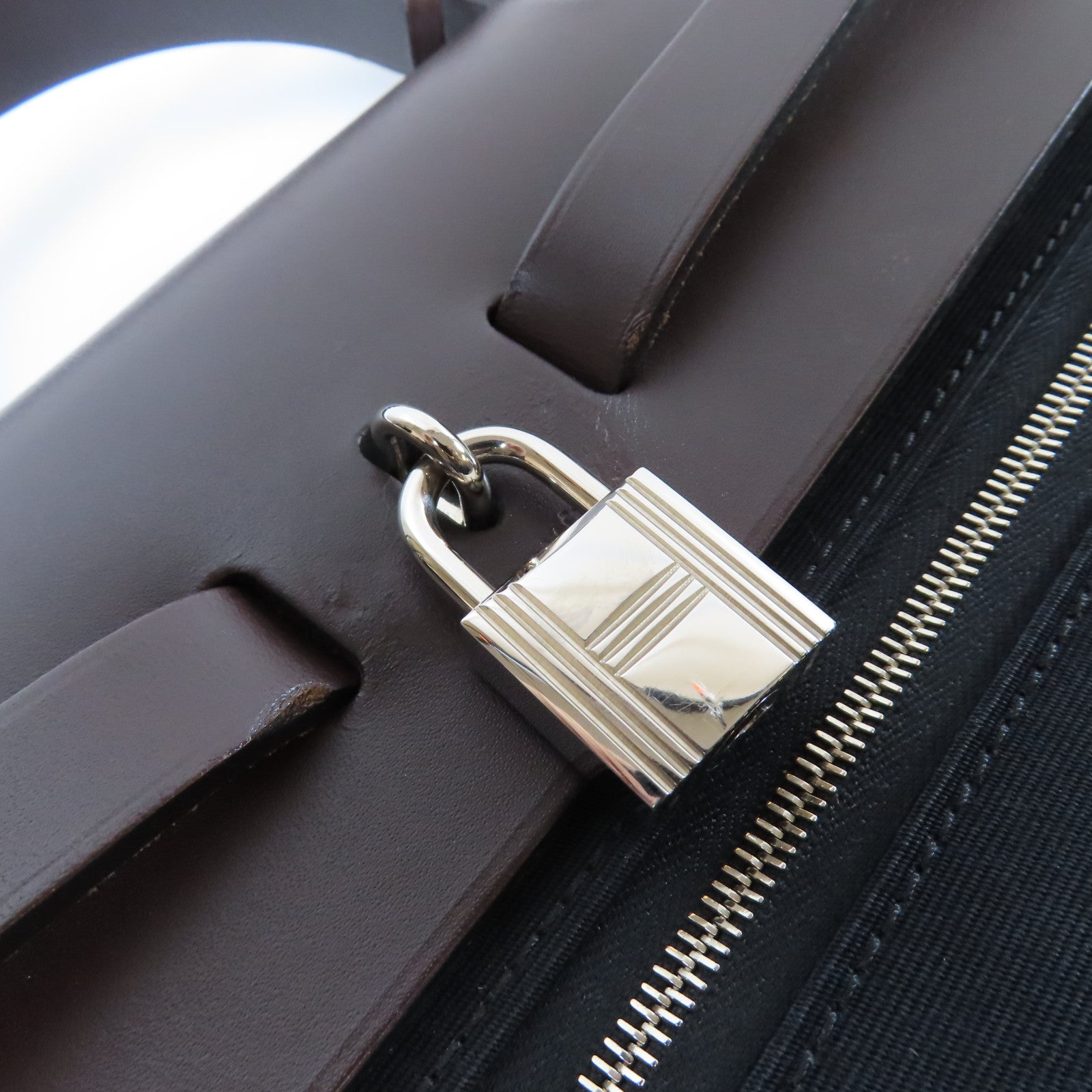 HERMES 【激減優惠】帆布/皮革Herbag PM銀扣手挽肩背兩用袋啡色/黑色