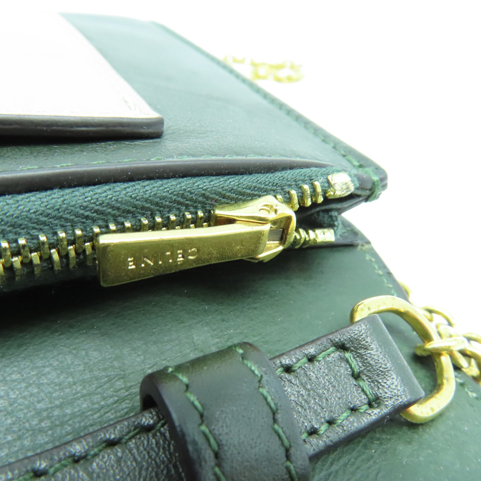 CELINE 牛皮皮革Chain Shoulder Bag金扣链带肩背袋绿色/黑色/米色