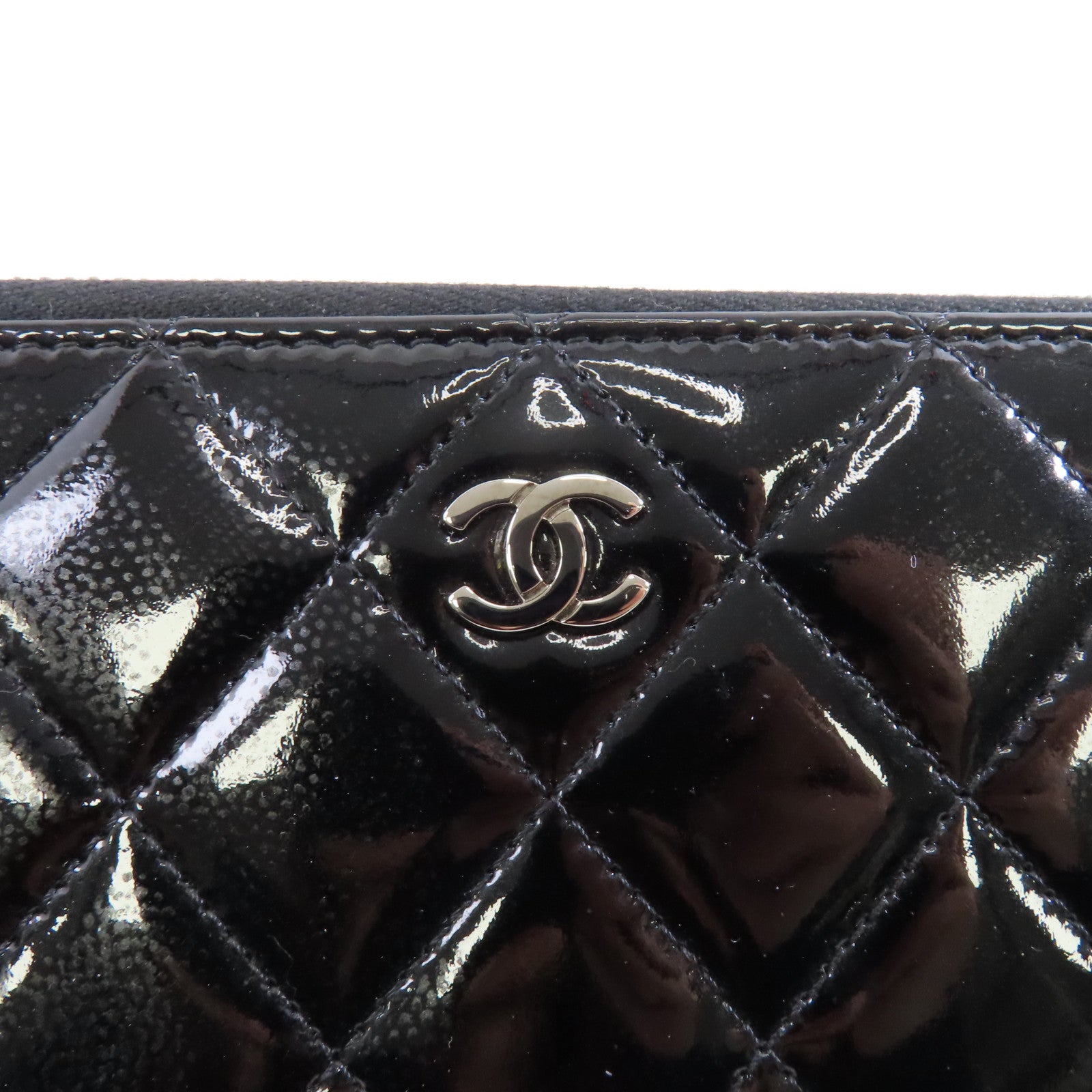 CHANEL 菱格漆皮皮革Wallet銀扣長錢包黑色