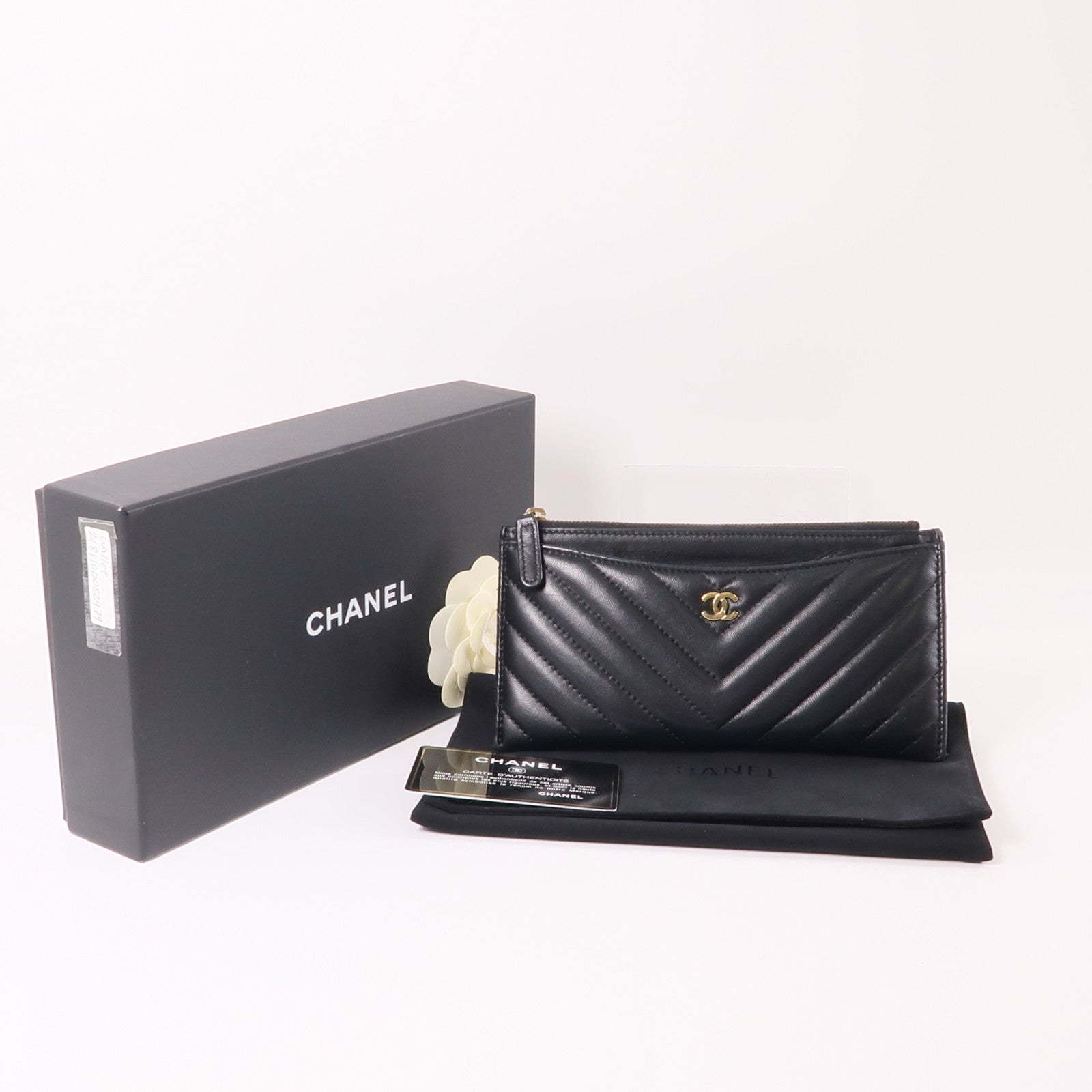 CHANEL 羊皮皮革Long Wallet金扣長錢包黑色