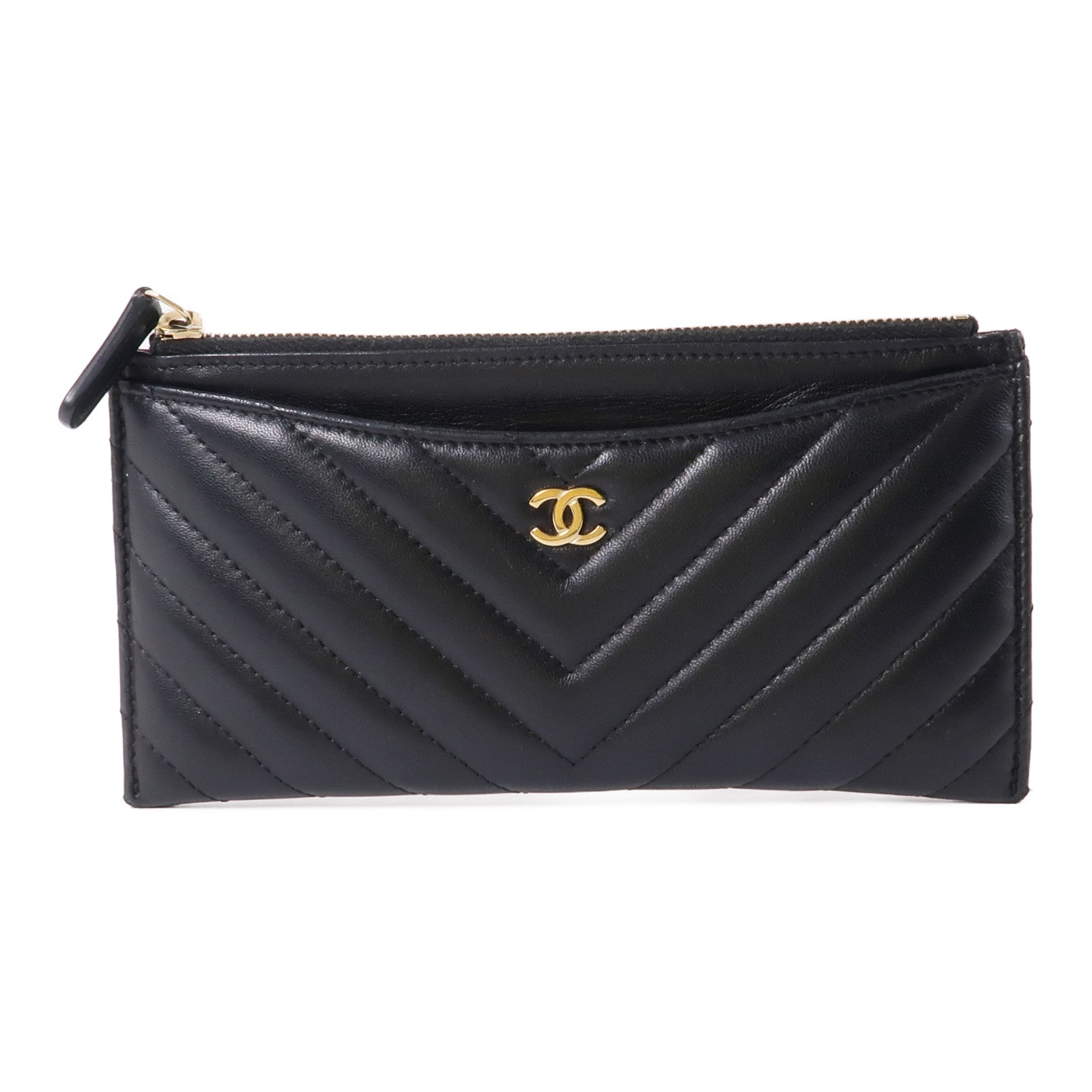 CHANEL 羊皮皮革Long Wallet金扣長錢包黑色