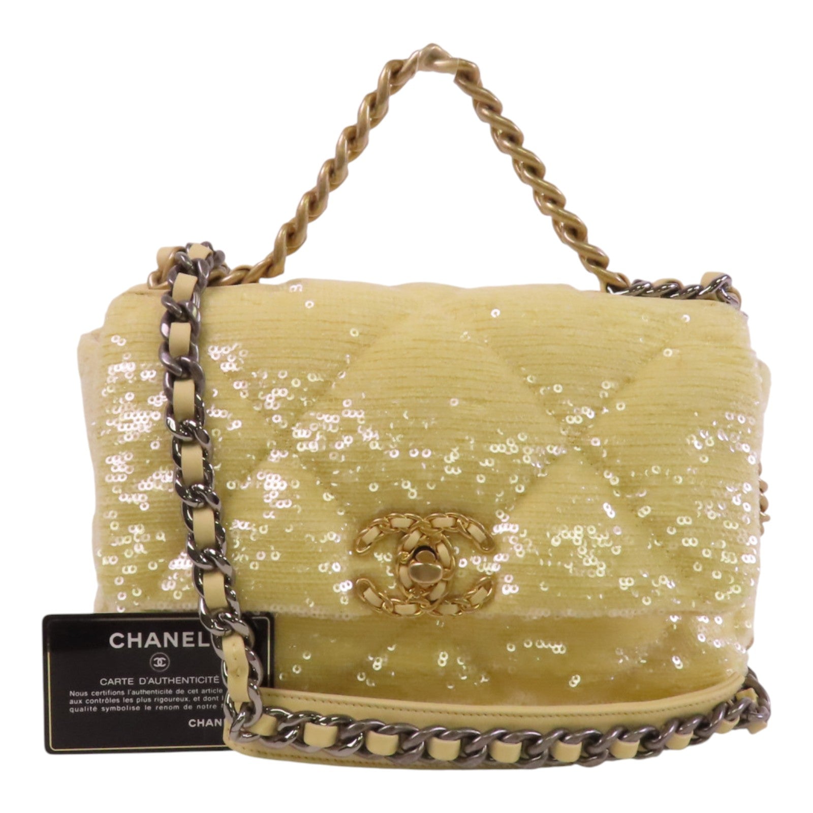 CHANEL 【激減優惠】帆布/亮片Chanel 19 Sequin Flag Bag金扣鏈帶手挽肩背兩用袋