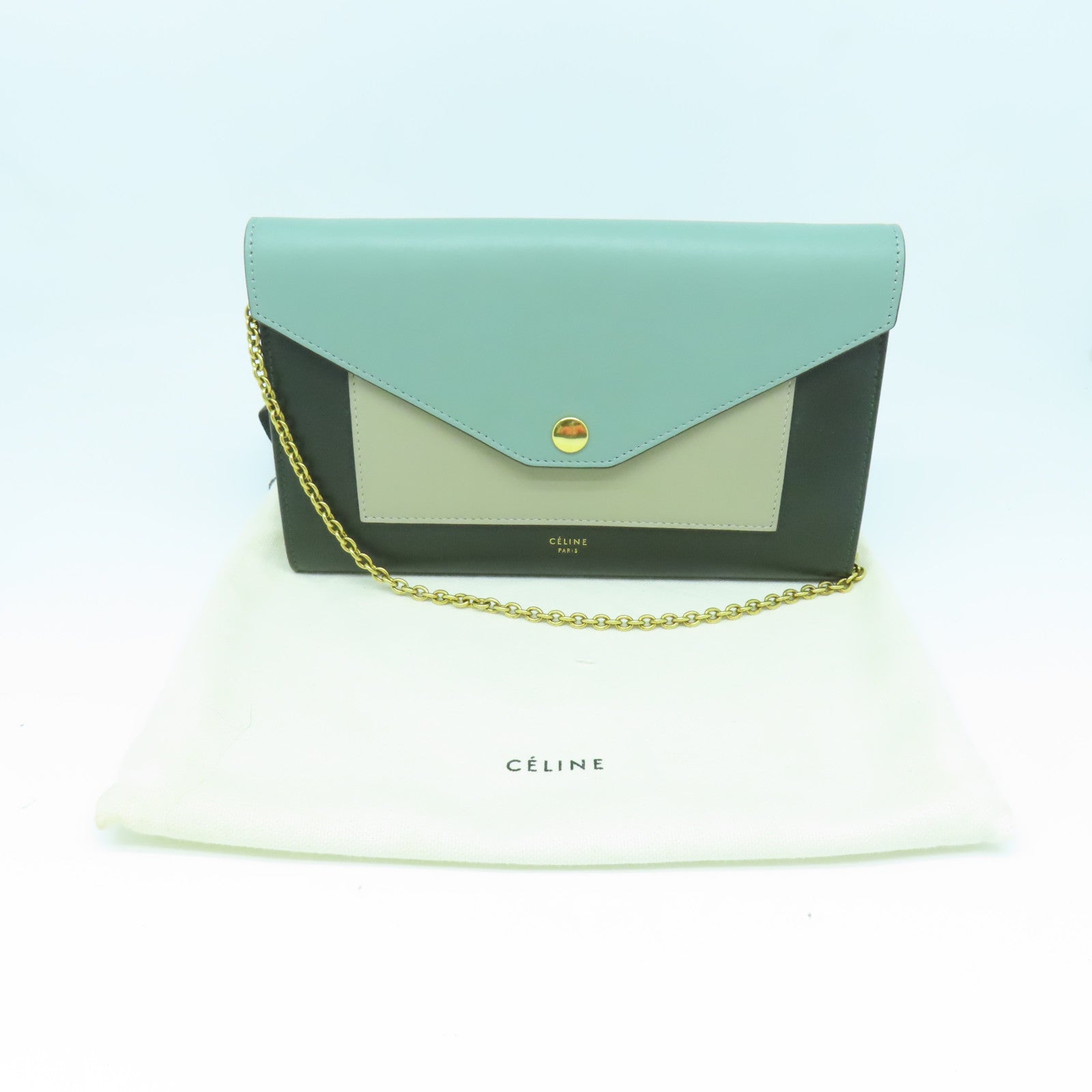 CELINE 牛皮皮革Chain Shoulder Bag金扣链带肩背袋绿色/黑色/米色