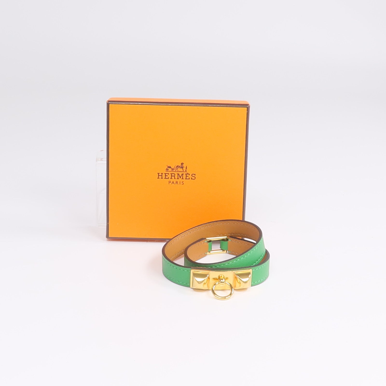 HERMES Swift皮革Rivale Double Tour Bracelet金扣手鏈Menthe