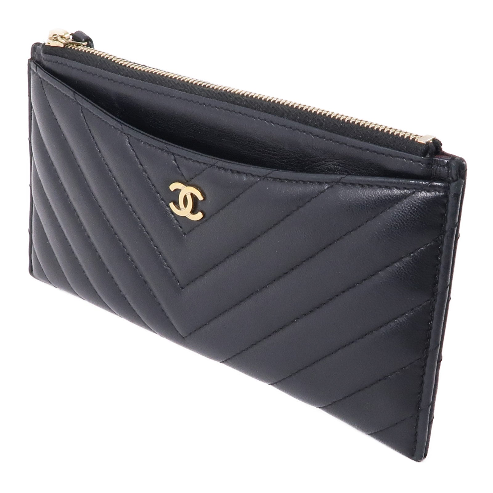 CHANEL 羊皮皮革Long Wallet金扣長錢包黑色