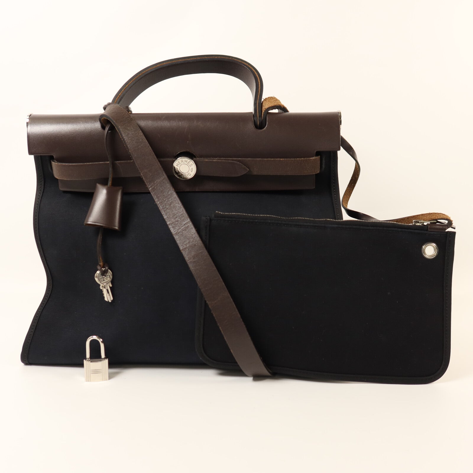 HERMES 帆布Herbag PM銀扣手挽肩背兩用袋Noir