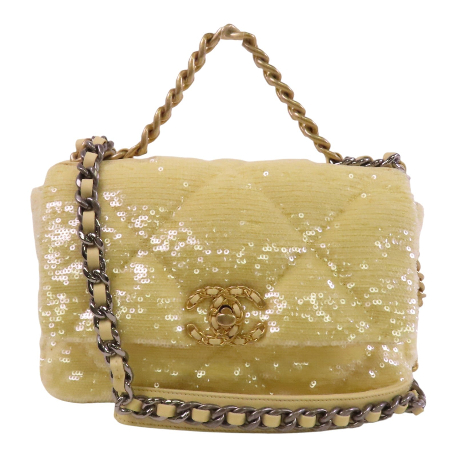 CHANEL 【激減優惠】帆布/亮片Chanel 19 Sequin Flag Bag金扣鏈帶手挽肩背兩用袋