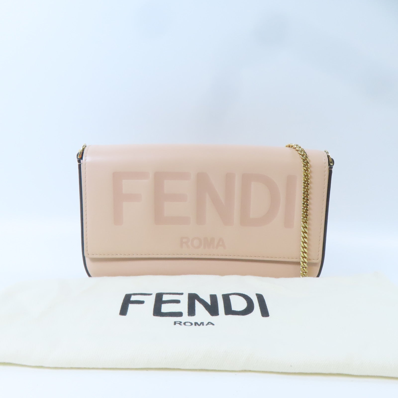 FENDI 牛皮皮革Wallet On Chain金扣鏈帶肩背袋桃色