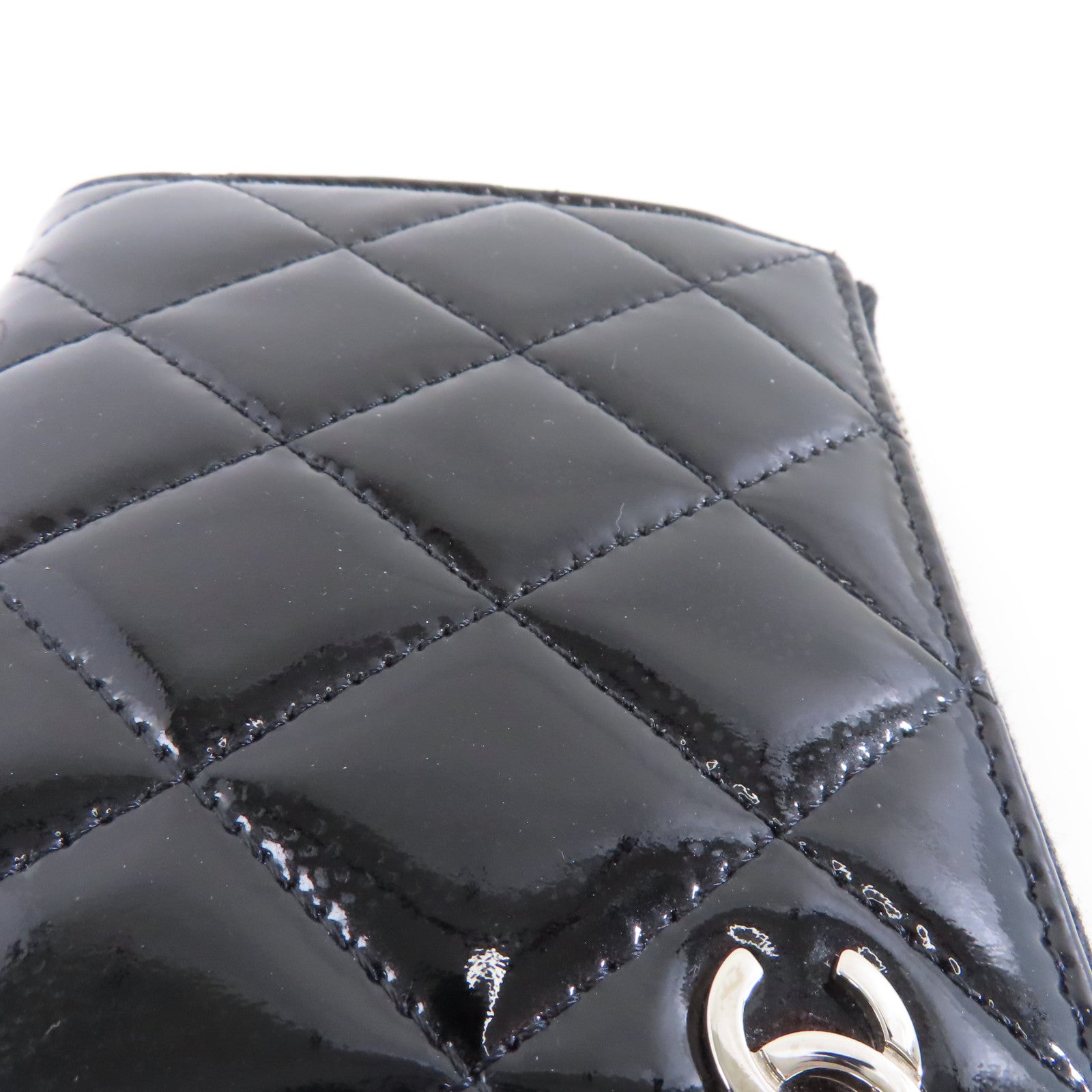 CHANEL 菱格漆皮皮革Wallet銀扣長錢包黑色