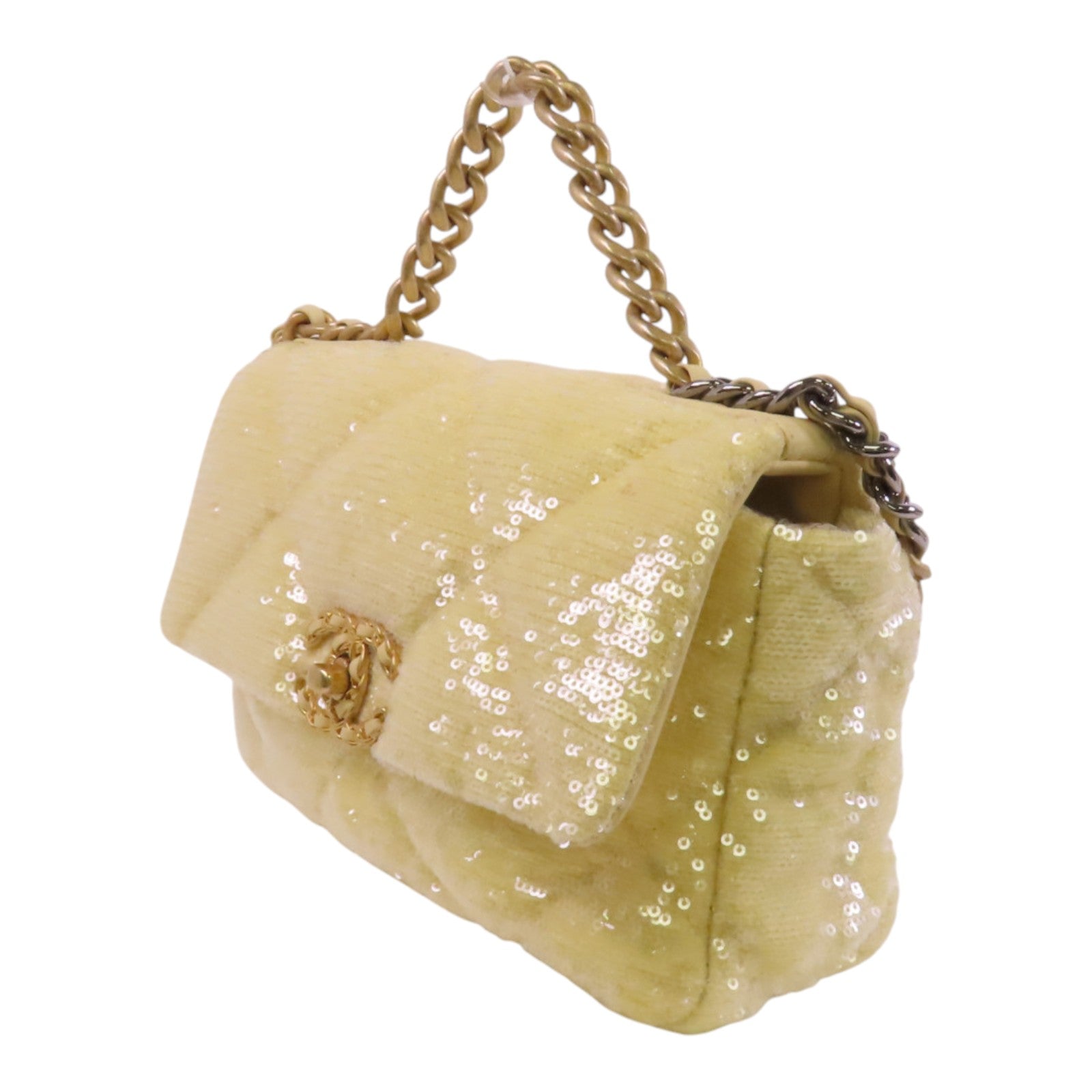CHANEL 帆布/亮片Chanel 19 Sequin Flag Bag金扣鏈帶手挽肩背兩用袋