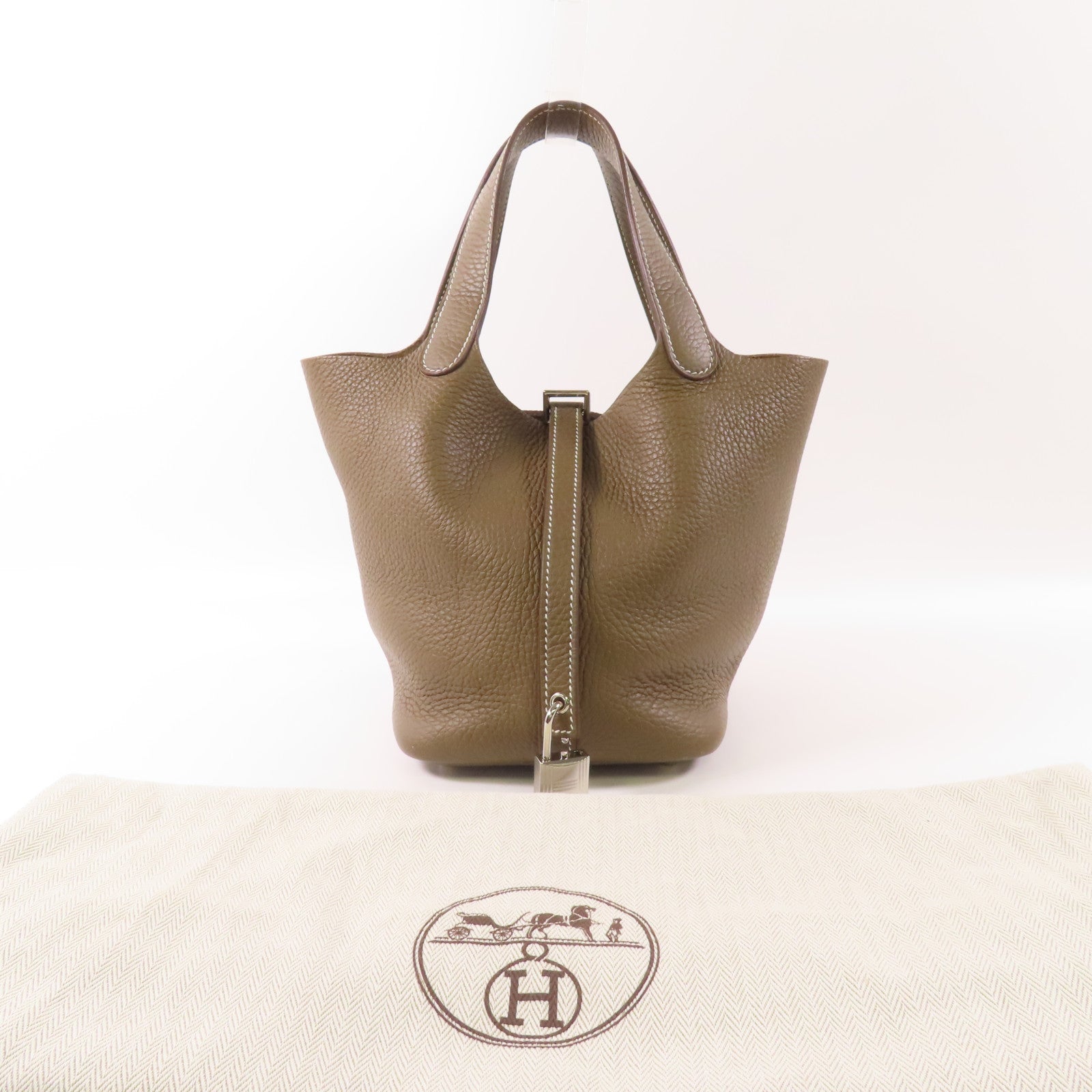 HERMES Clemence皮革Picotin Lock銀扣手挽袋18 Etoupe