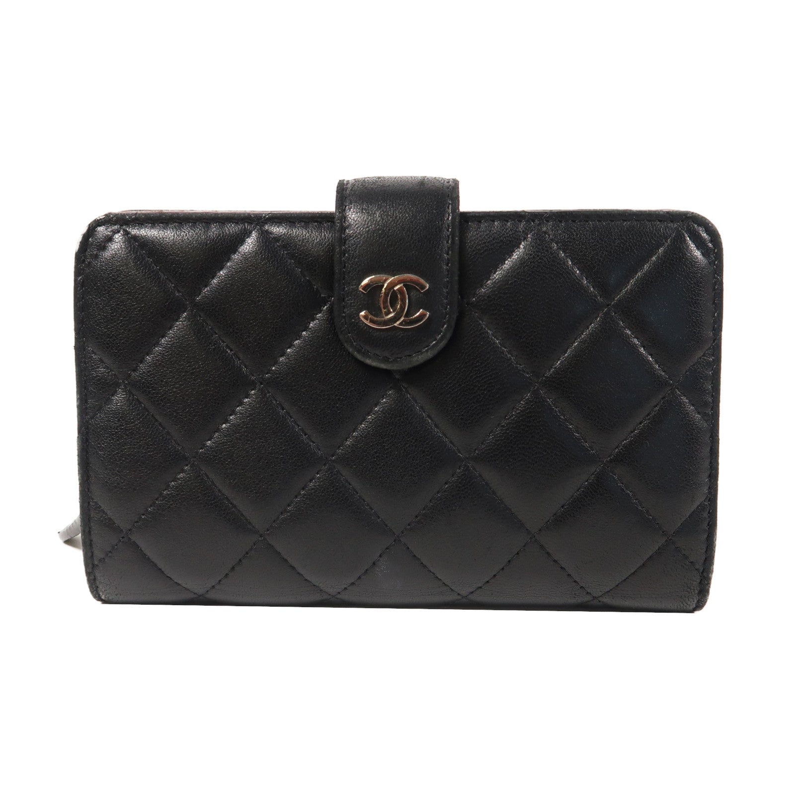 CHANEL 【清倉大減價】菱格羊皮皮革Wallet銀扣折疊錢包黑色
