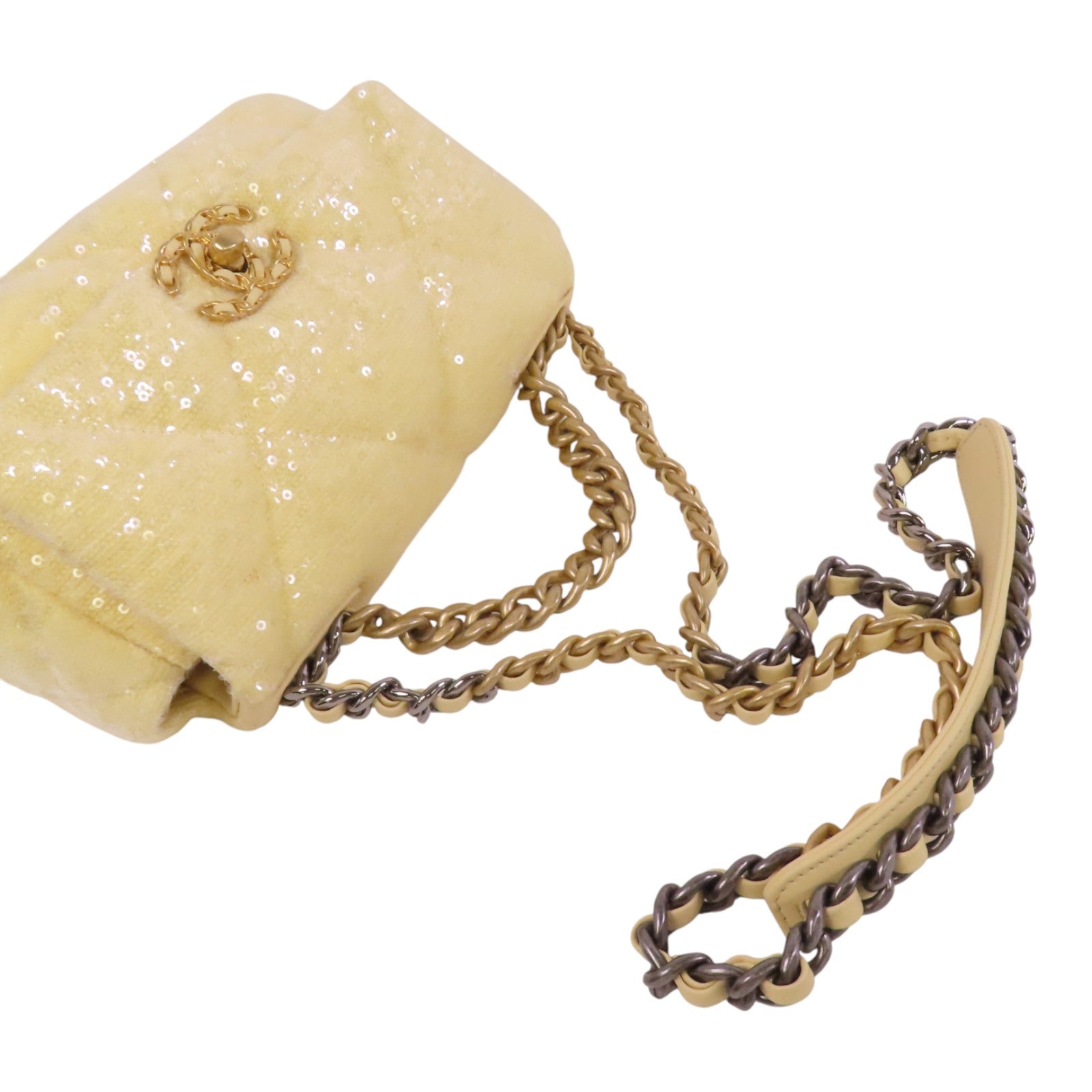 CHANEL 帆布/亮片Chanel 19 Sequin Flag Bag金扣鏈帶手挽肩背兩用袋