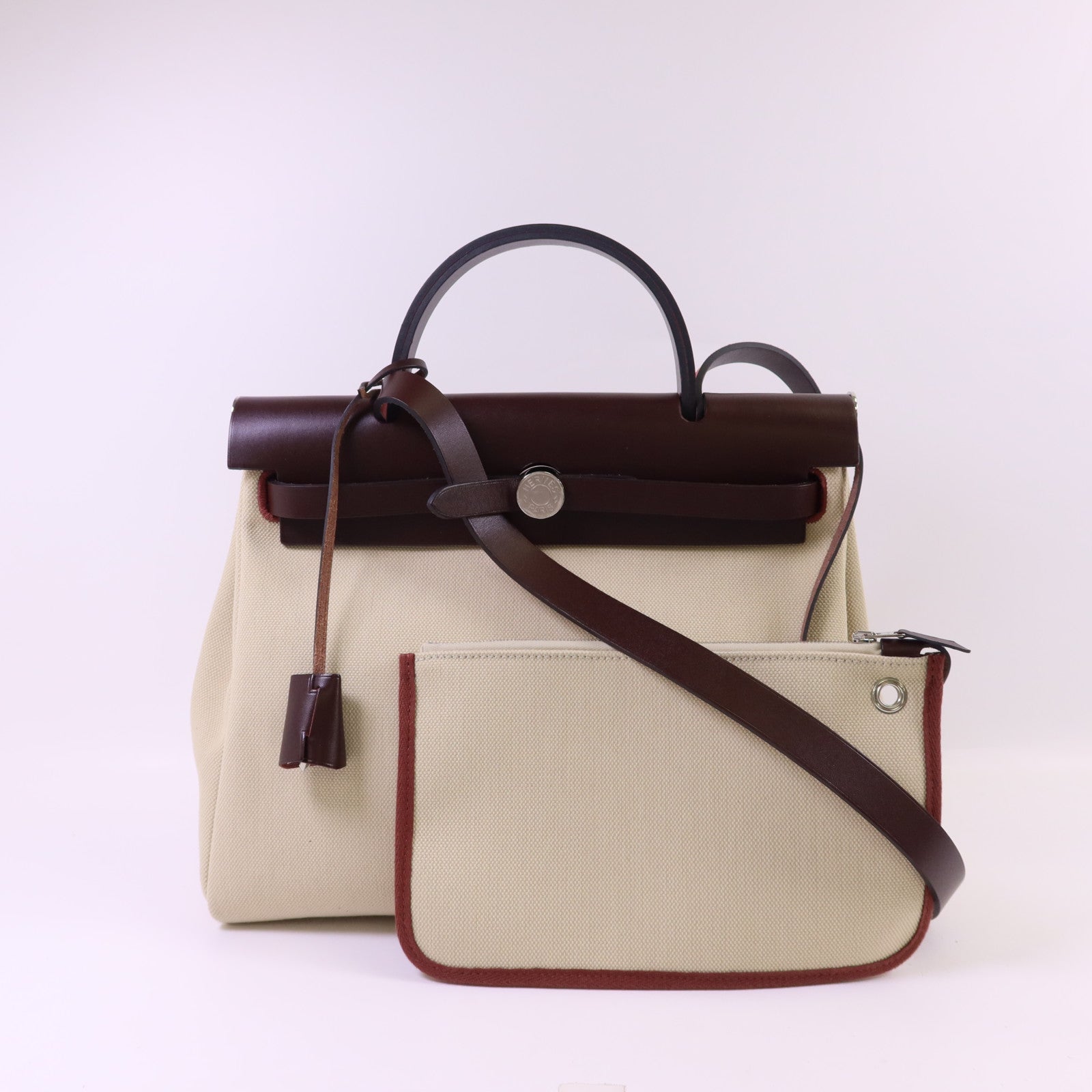 HERMES 帆布Herbag PM銀扣手挽肩背兩用袋Beton//Rouge Sellier