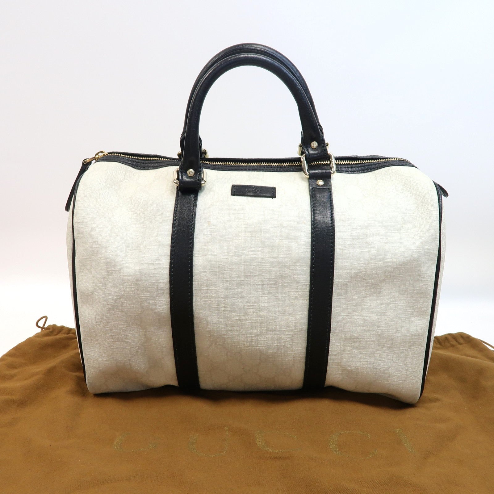 GUCCI 塗層帆布/皮革Handbag金扣手挽袋白色/黑色