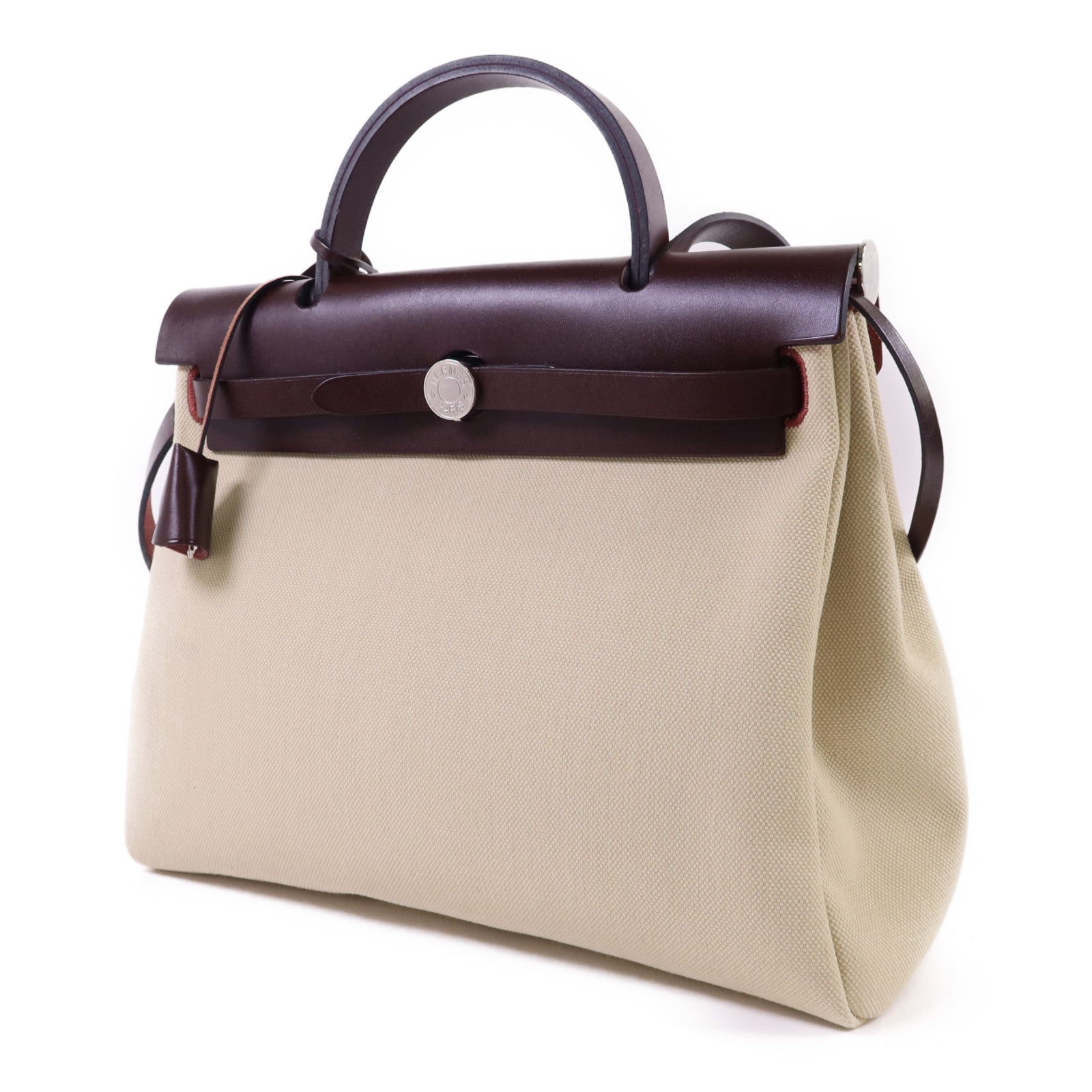 HERMES 帆布Herbag PM銀扣手挽肩背兩用袋Beton//Rouge Sellier