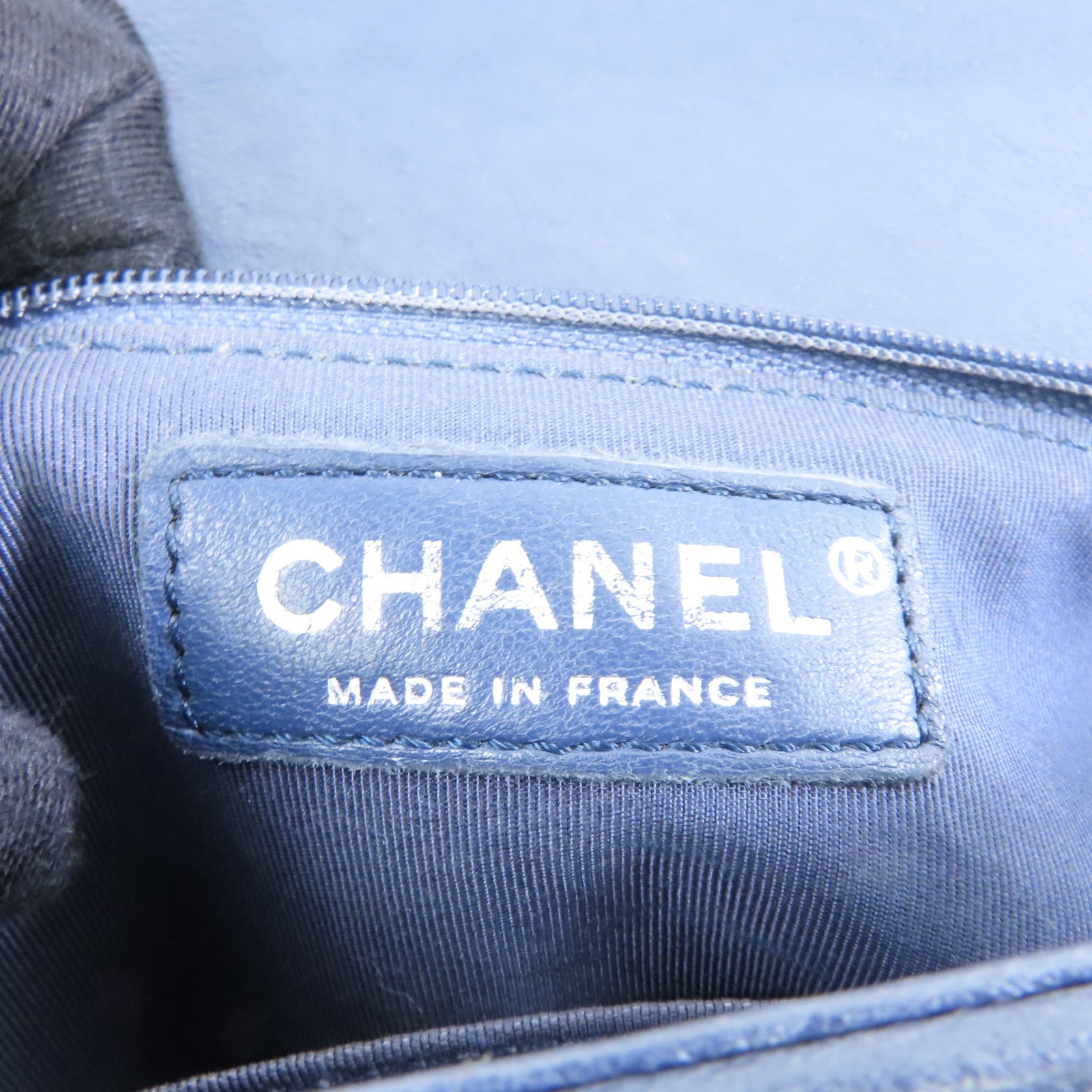 CHANEL 菱格牛皮皮革Boy銀扣手挽肩背兩用袋深藍色