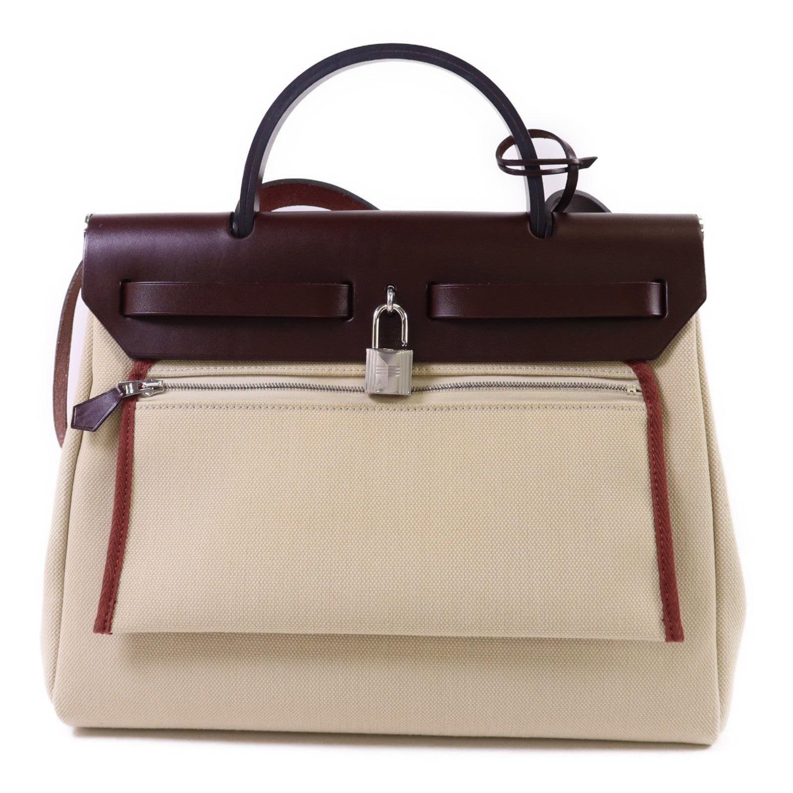 HERMES 帆布Herbag PM銀扣手挽肩背兩用袋Beton//Rouge Sellier
