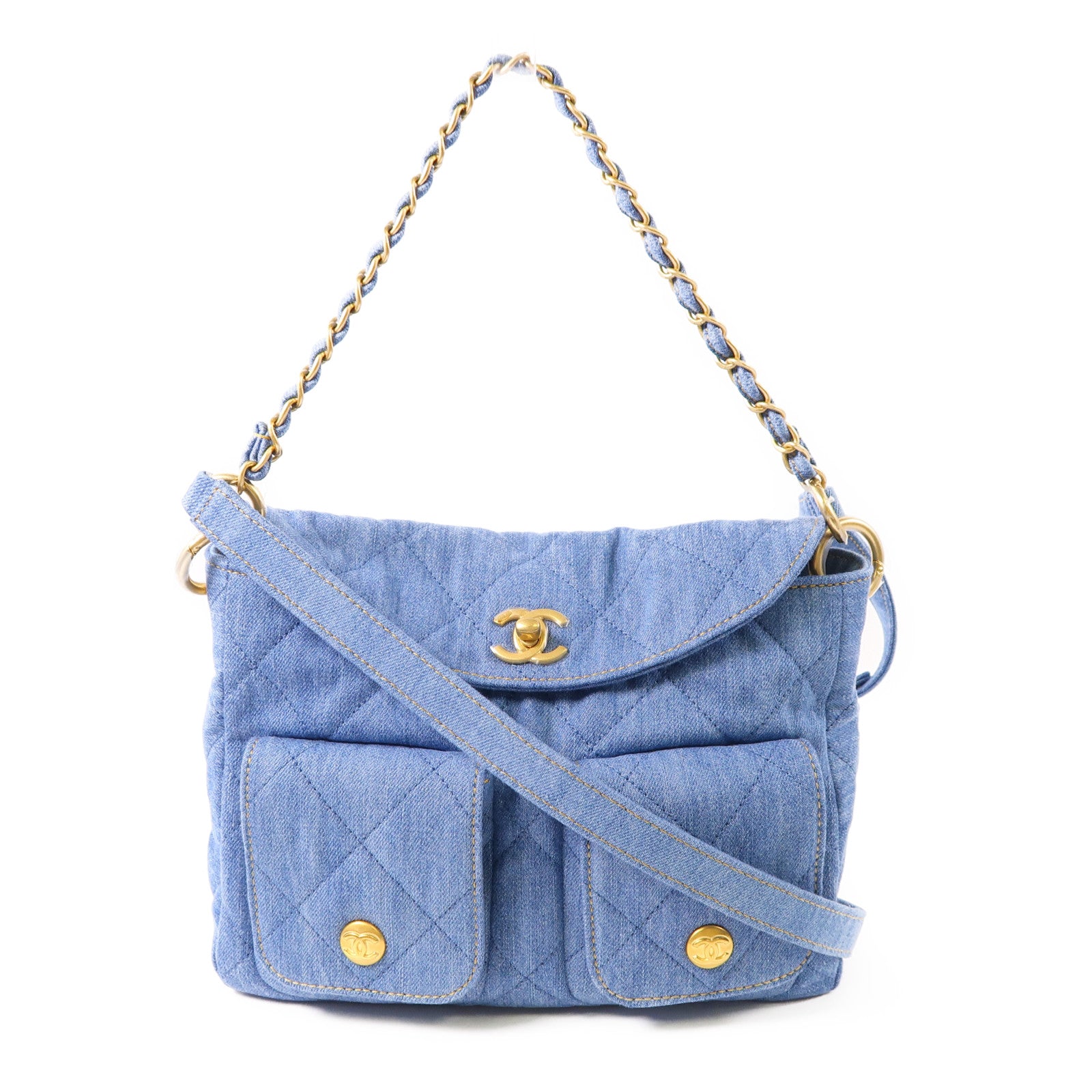 CHANEL 牛仔布Hobo Hand Bag金扣鏈帶手挽肩背兩用袋