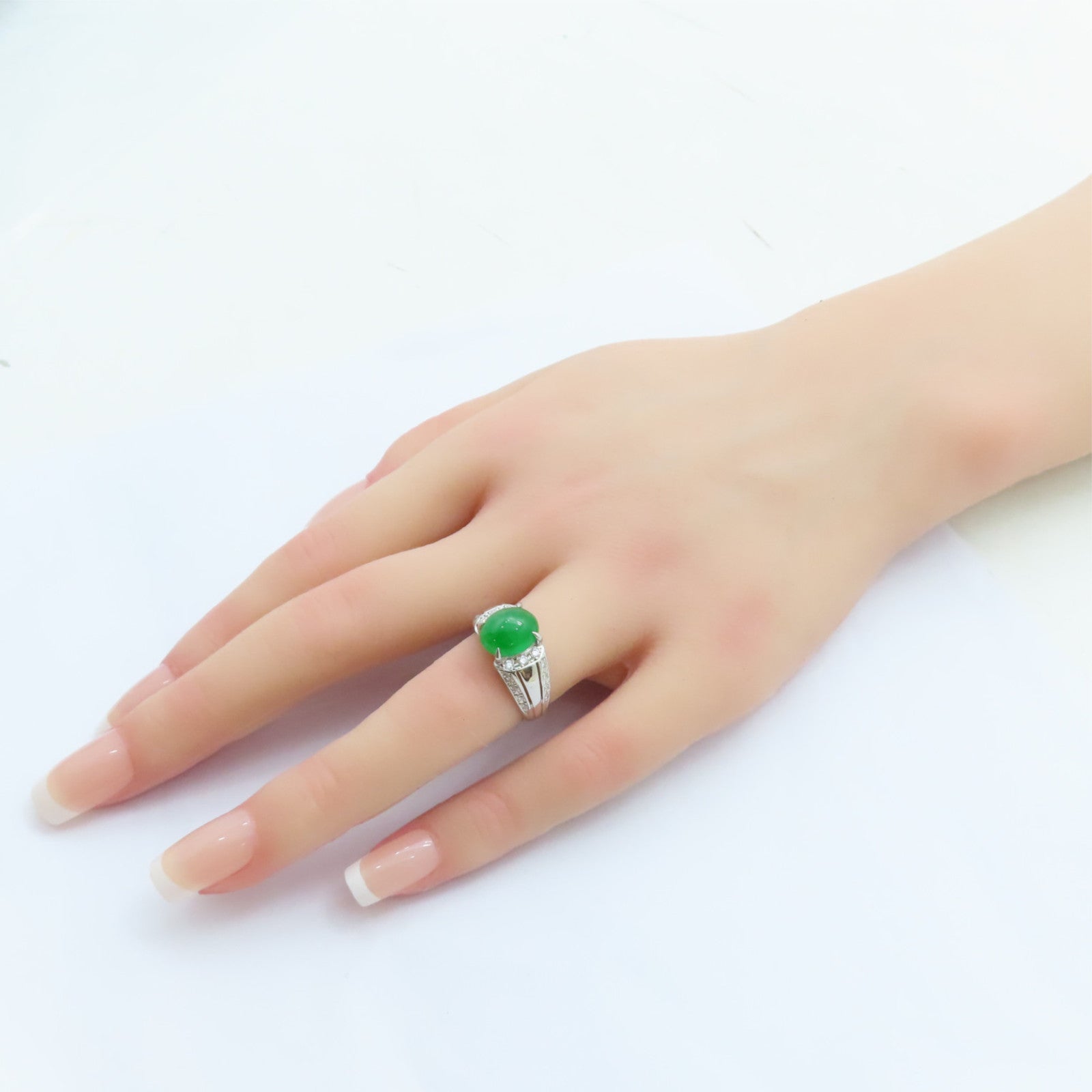 JEWELRY PT900鉑金Jade Diamond Ring 3.29ct翡翠/0.27ct鑽石戒指US#5.75