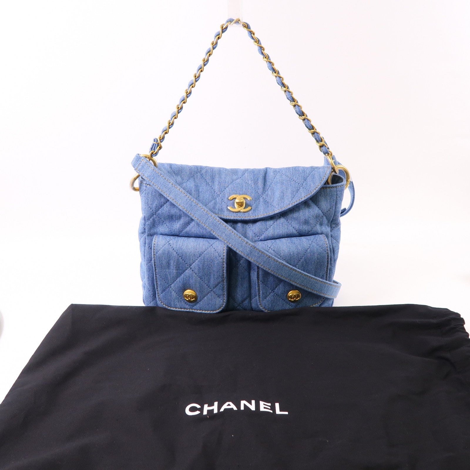 CHANEL 牛仔布Hobo Hand Bag金扣鏈帶手挽肩背兩用袋