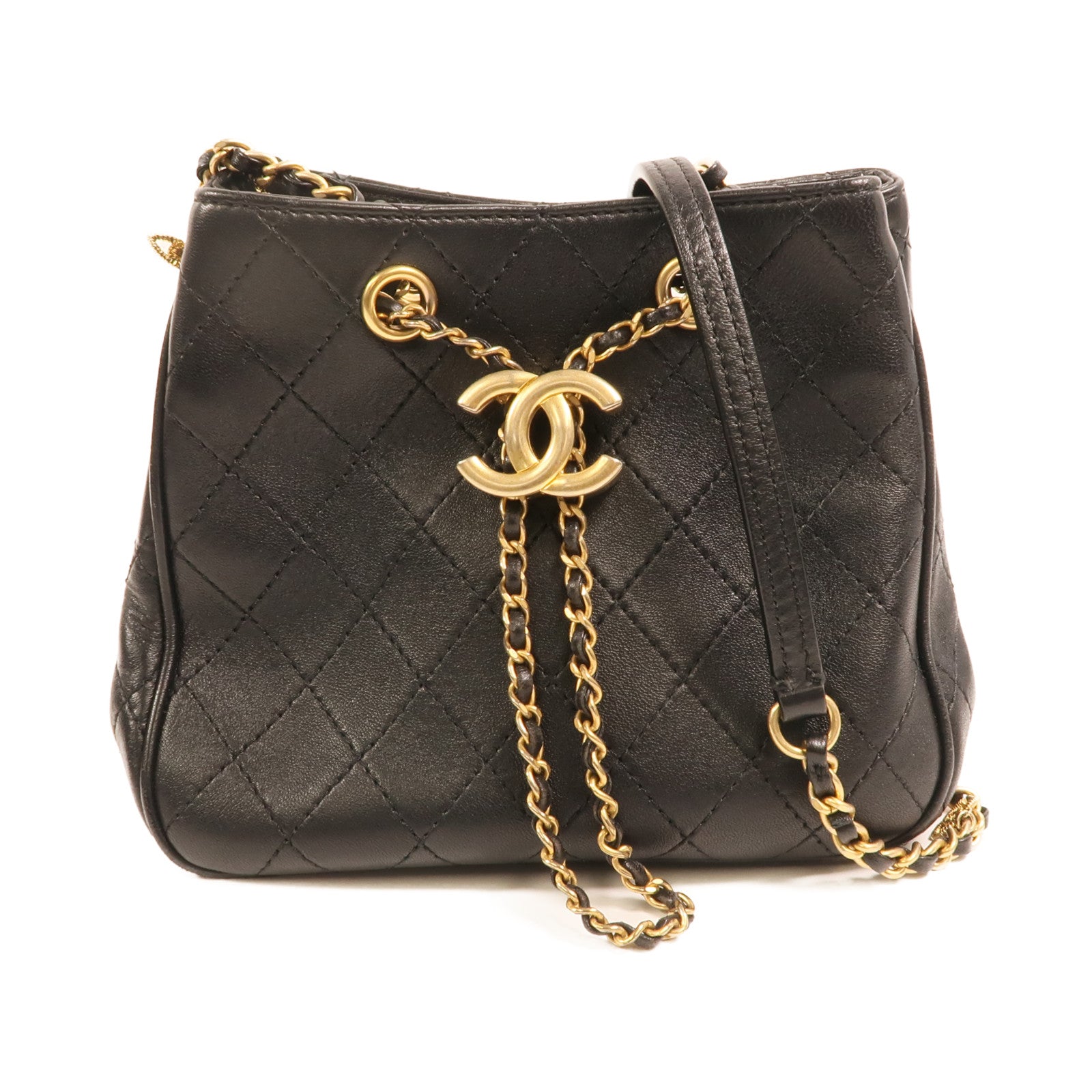 CHANEL 牛皮皮革Drawstring Bucket Bag金扣鏈帶肩背袋