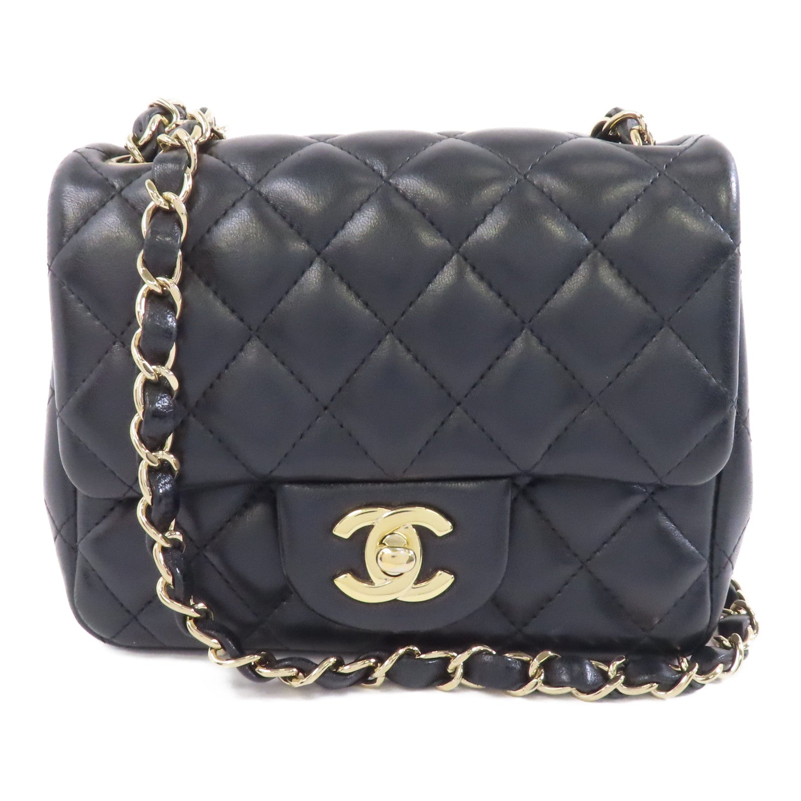 CHANEL 菱格羊皮皮革Classic Flap 17cm金扣鏈帶肩背袋黑色