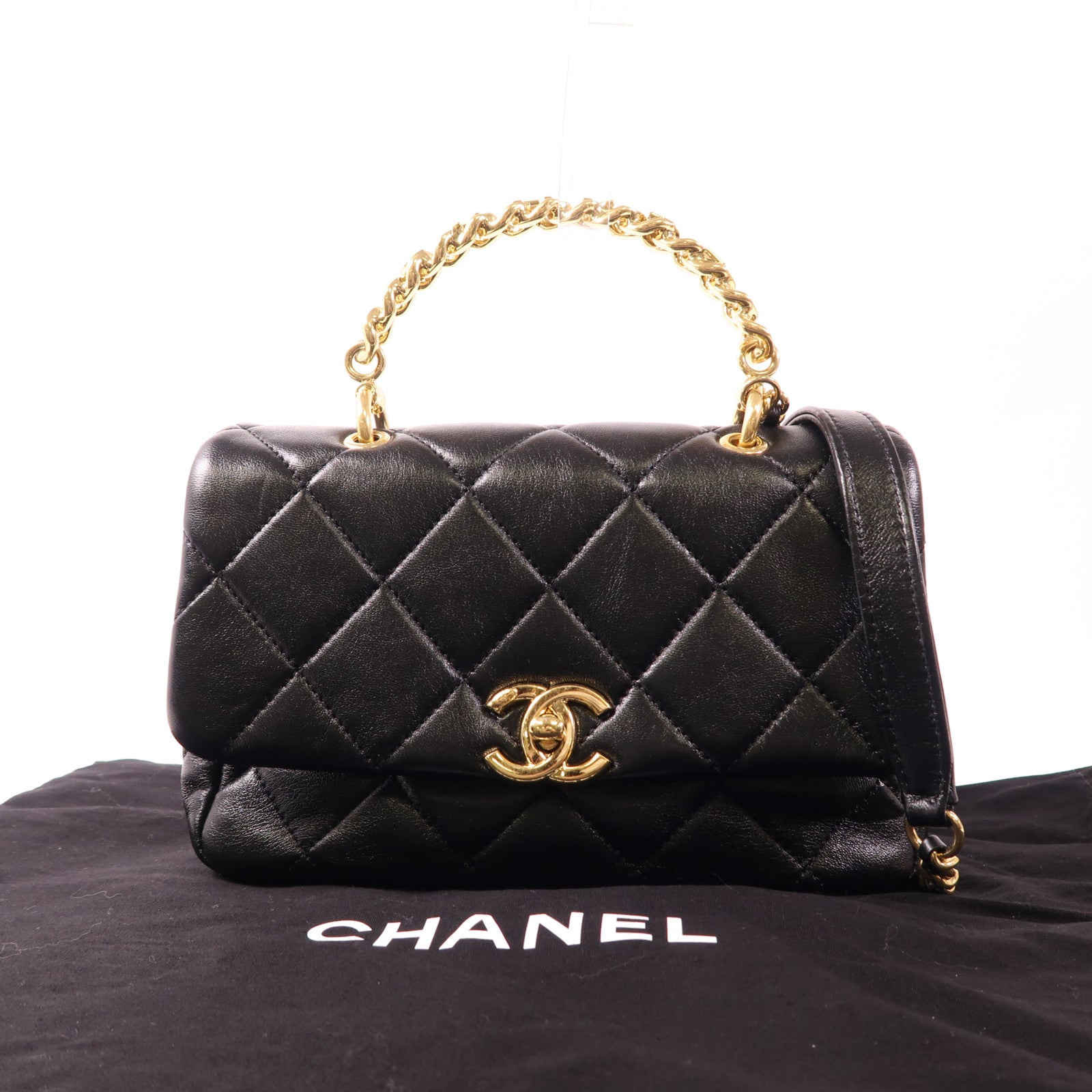 CHANEL 牛皮皮革Chain Shoulder金扣手挽肩背兩用袋