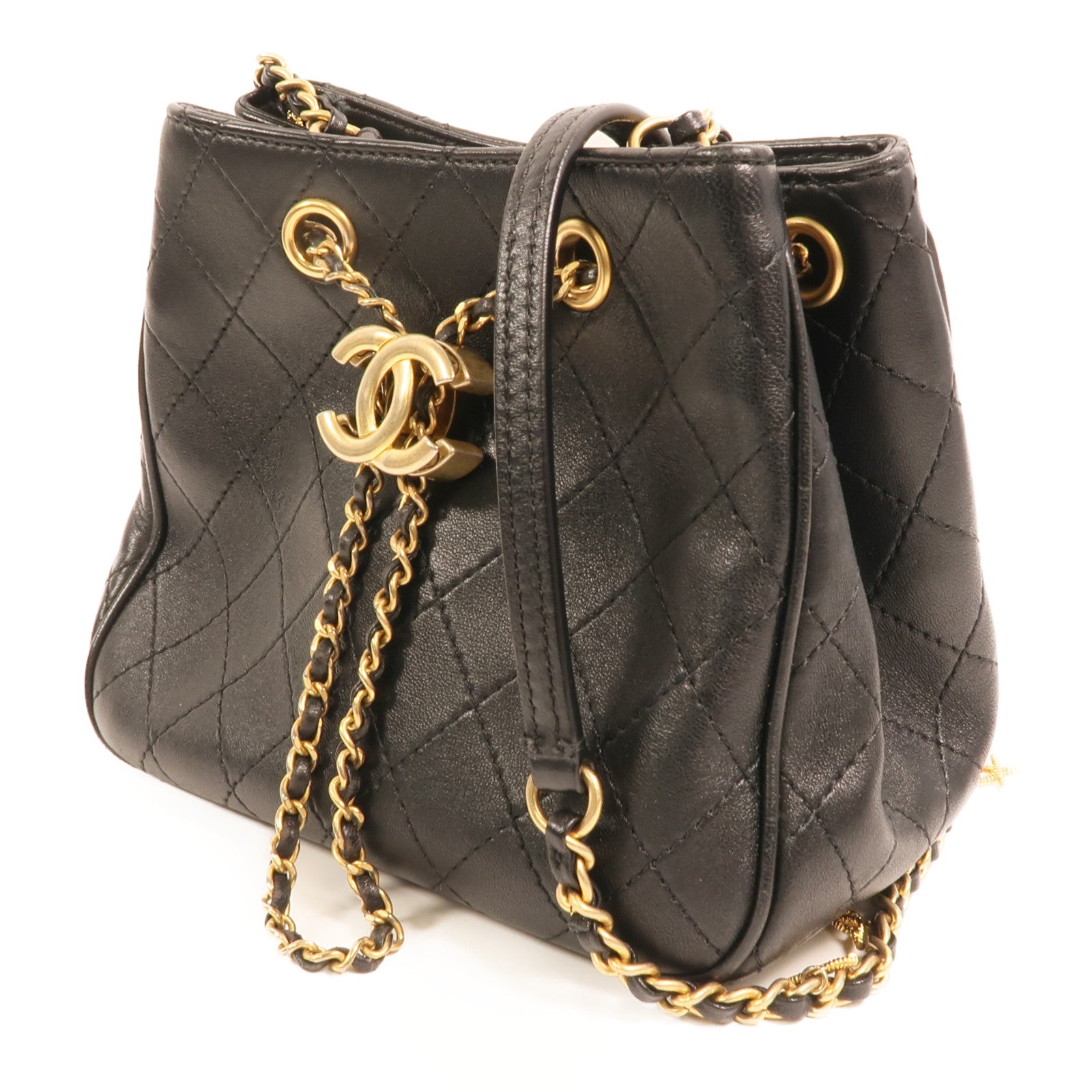 CHANEL 牛皮皮革Drawstring Bucket Bag金扣鏈帶肩背袋