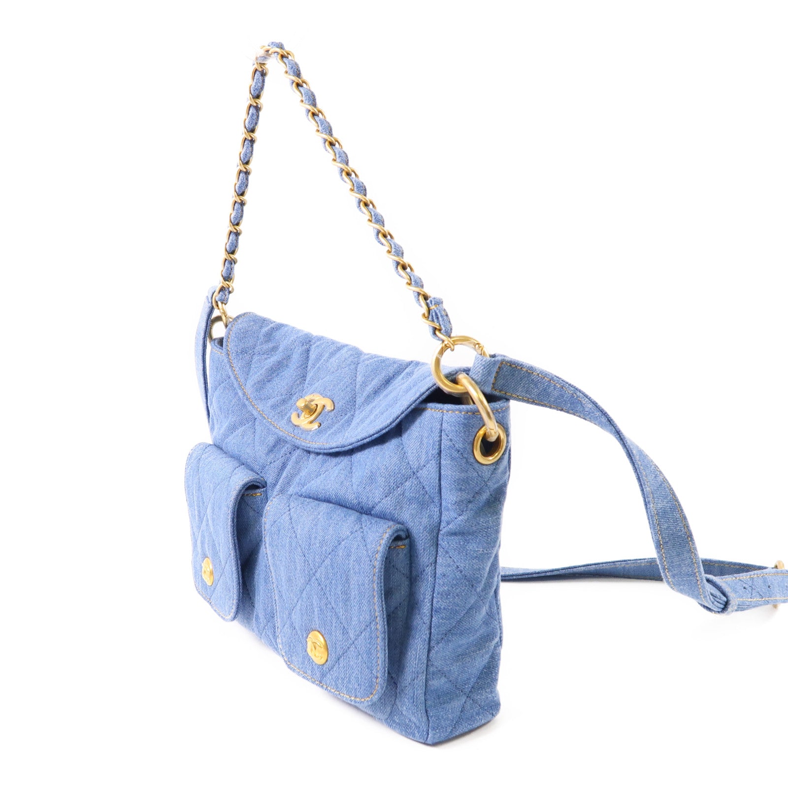 CHANEL 牛仔布Hobo Hand Bag金扣鏈帶手挽肩背兩用袋