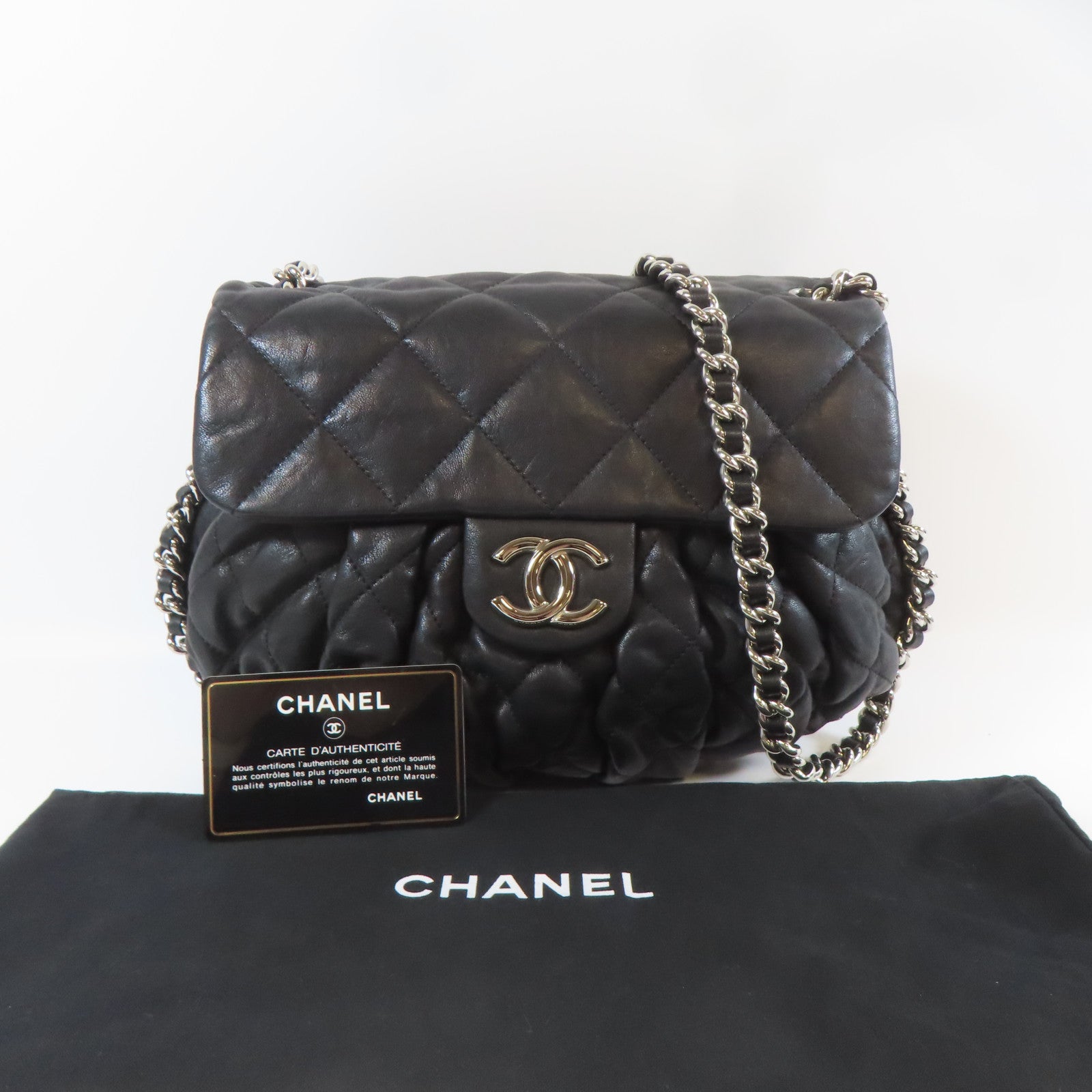 CHANEL 菱格牛皮皮革Chain Shoulder銀扣鏈帶肩背袋黑色