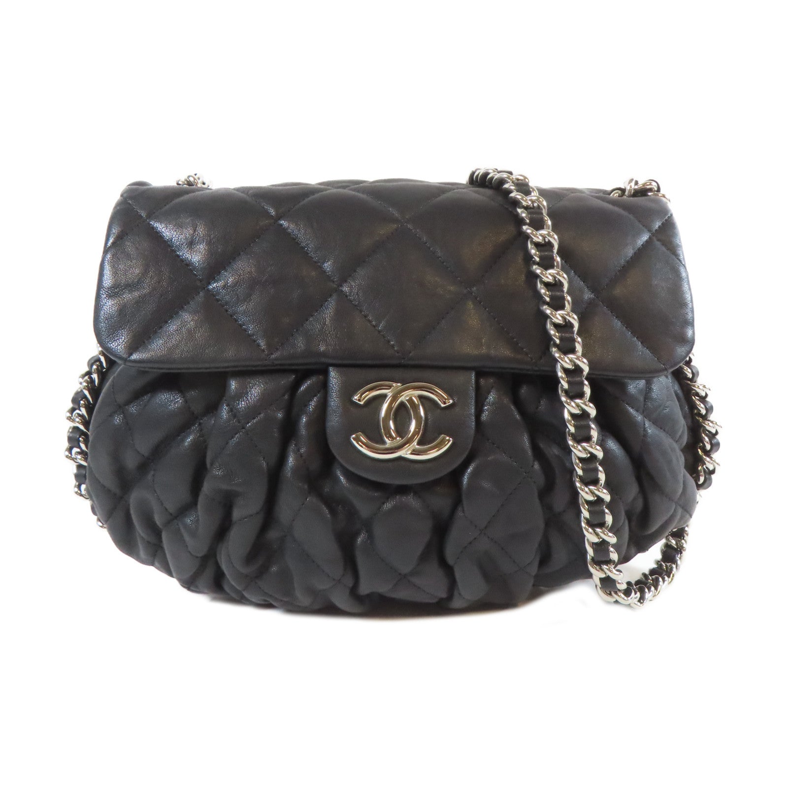 CHANEL 菱格牛皮皮革Chain Shoulder銀扣鏈帶肩背袋黑色