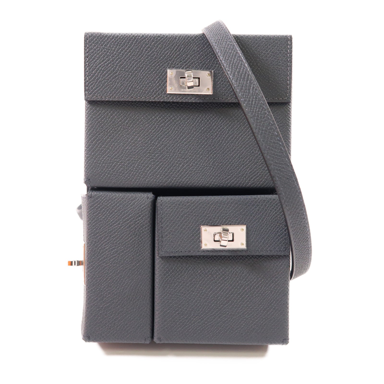 HERMES Epsom皮革Kelly Multipocket To Go銀扣肩背袋Gris Misty
