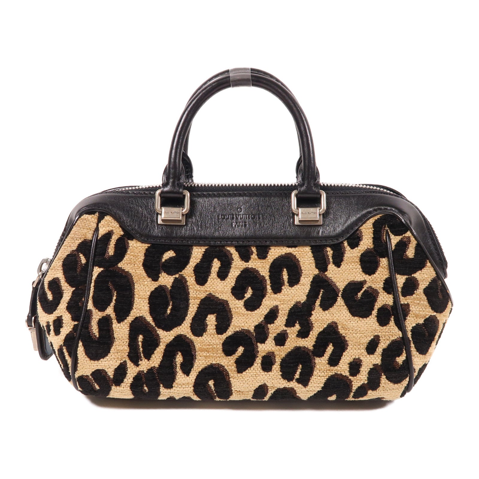 LOUIS VUITTON 植絨Leopard Baby銀扣手挽袋米色/黑色